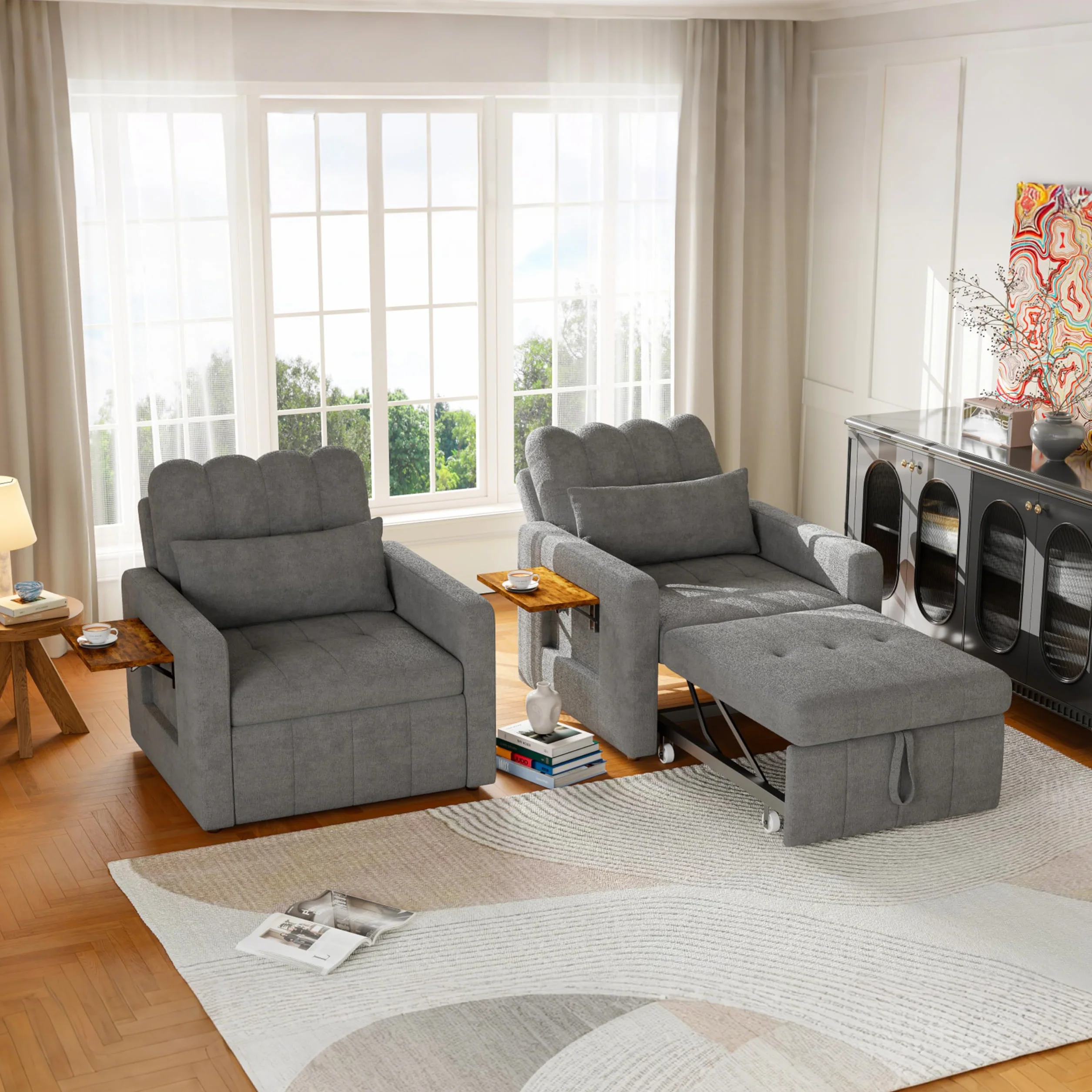 Mała sofa z funkcją spania 3 w 1, rozkładane łóżko 190 cm z kieszenią boczną, fotel do spania, fotel relaksacyjny, rozkładana sofa, taboret do spania z funkcją łóżka do 200 kg, szary materiał