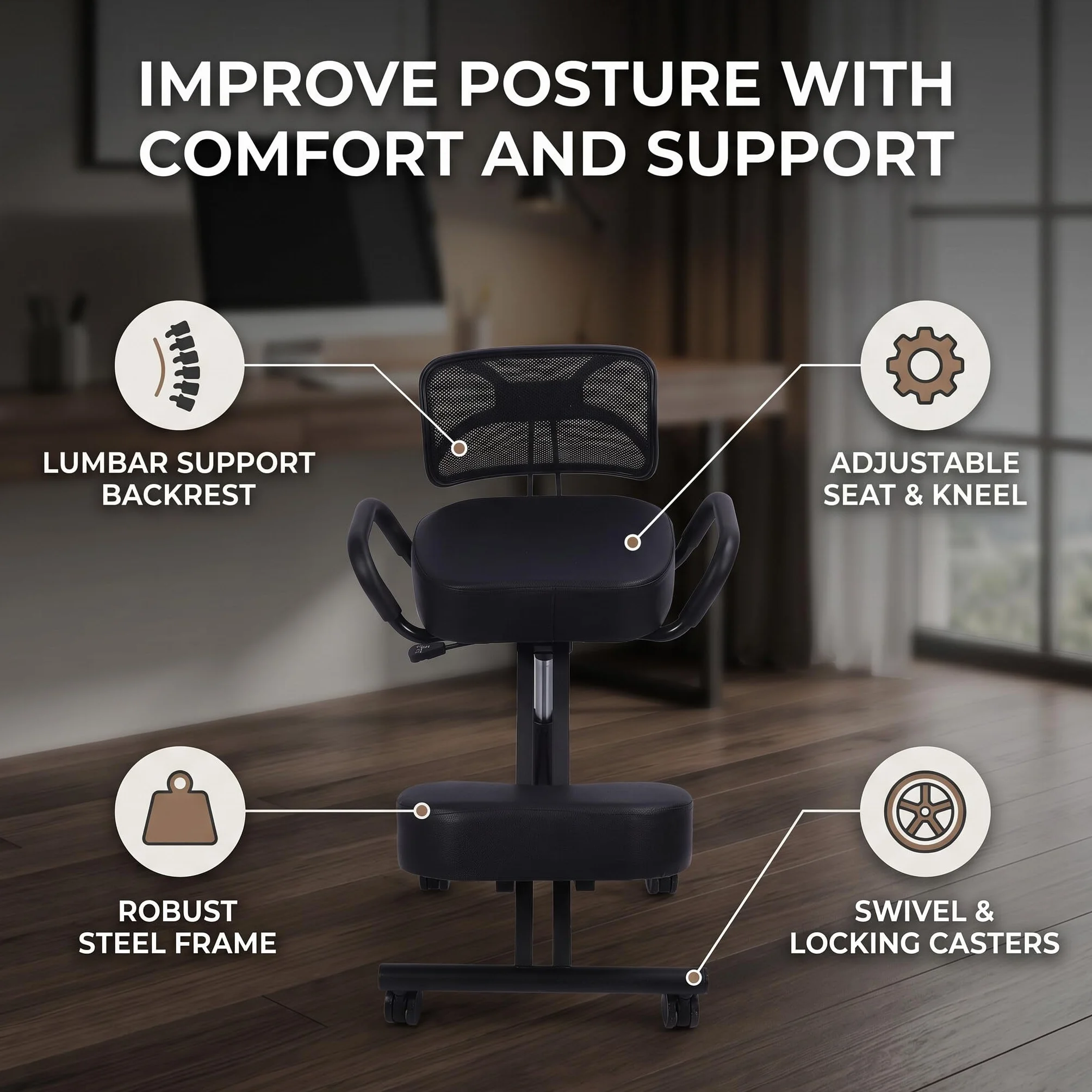 Krzesło Klęczące, Ergonomiczne Krzesło Klęczące, Regulowane Krzesło Poprawiające Postawę z Kółkami i Podparciem Pleców, Ergonomiczne Krzesło do Biur Domowych Sala Konferencyjna