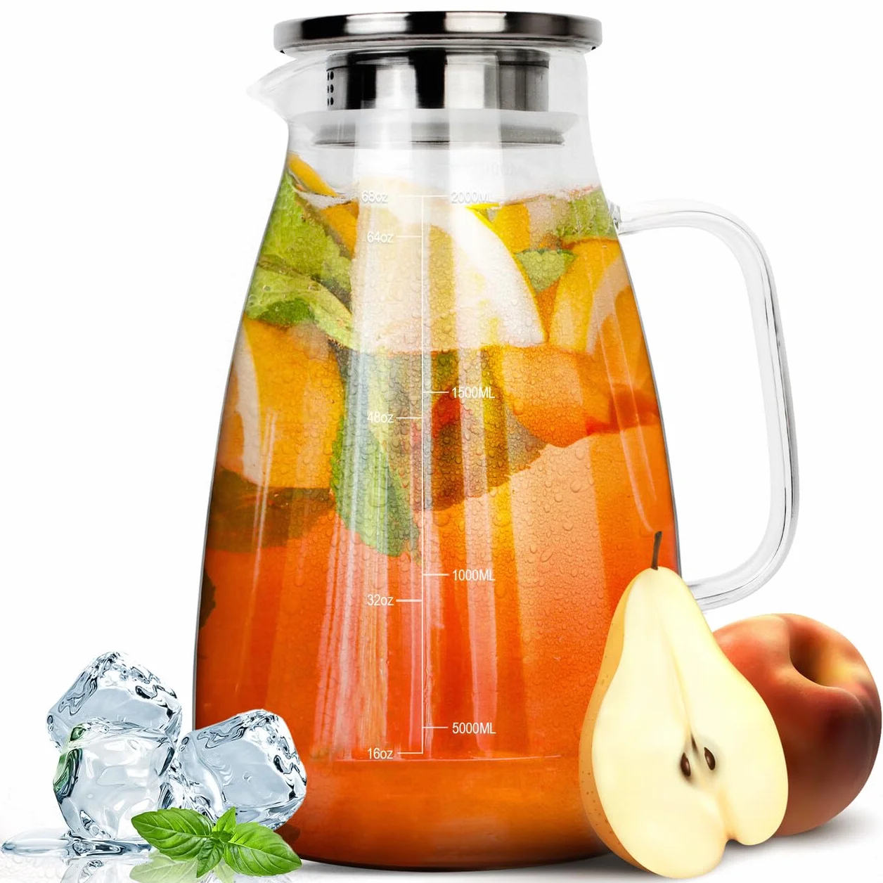 HEFTMAN 2 Litrowy Szklany Dzbanek z Pokrywką - Karafka na Wodę z Żaroodpornego Borokrzemianu, Szklana Karafka﻿﻿ na Mrożoną Herbatę, Sok, Mleko, Sangria, Kawę, Gorące lub Zimne Napoje