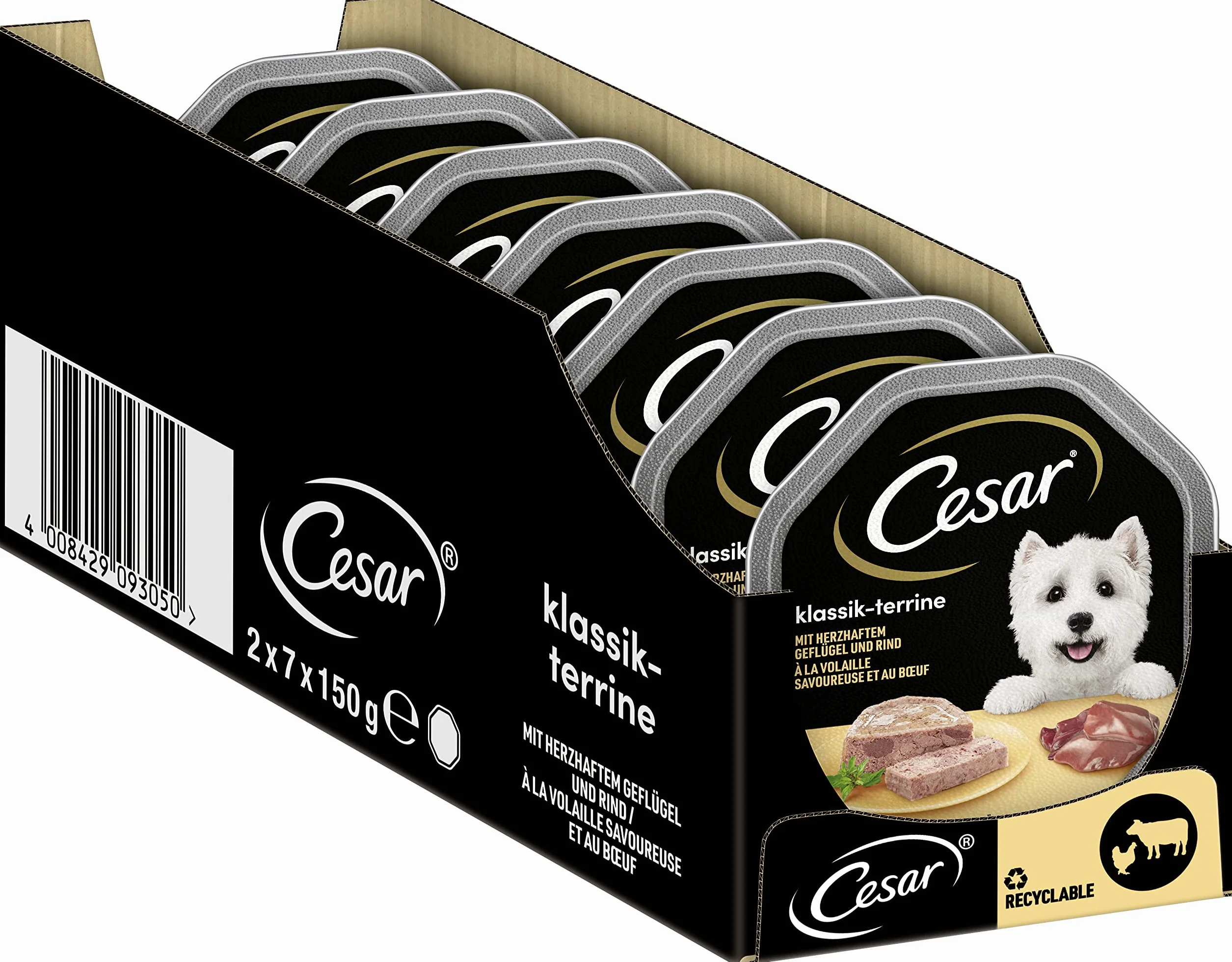 Cesar Adult karma dla psów klasyczna, z serdecznym drobiem i wołowiną, 14 misek, 14 x 150 g – karma dla psów premium mokra, bez dodatku cukru, sztuczne aromaty lub barwniki