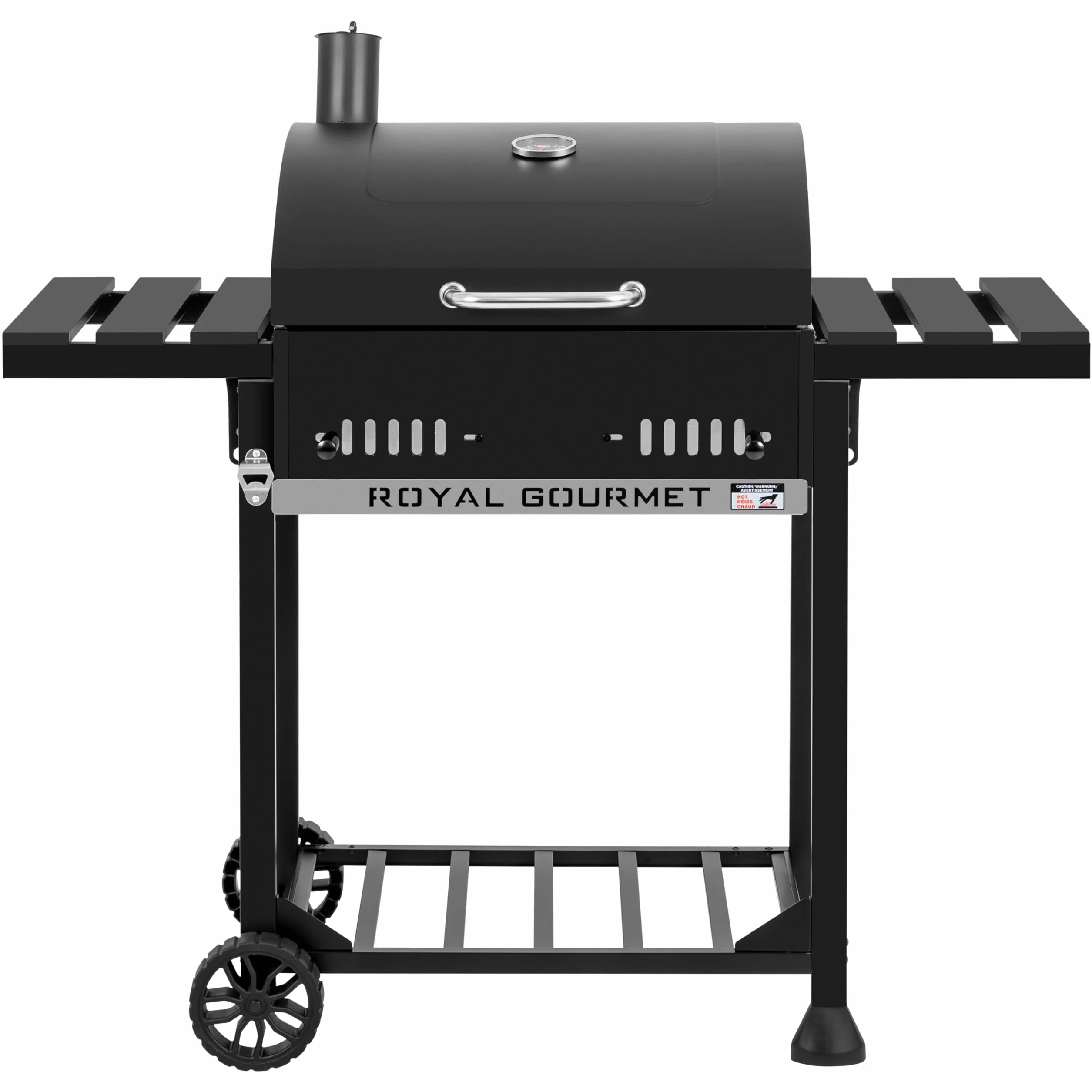 Royal Gourmet Grill na węgiel drzewny, grill na kółkach ze składanymi półkami bocznymi, grill stojący z Decekl, termometr, grill węglowy, czarny