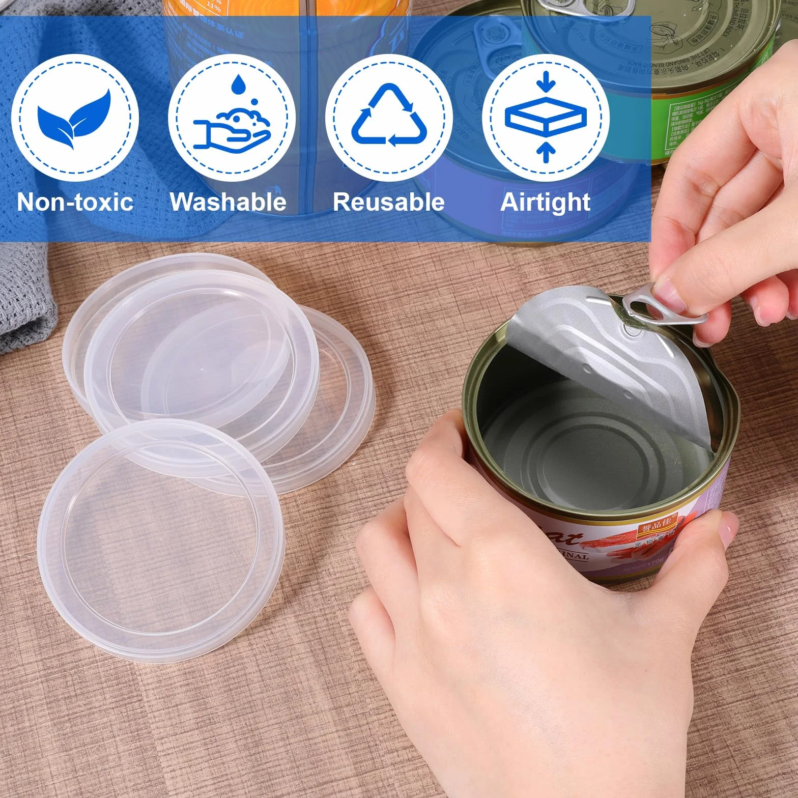 Pokrywki na puszki dla psów 75 mm przezroczyste plastikowe szczelne 6 szt