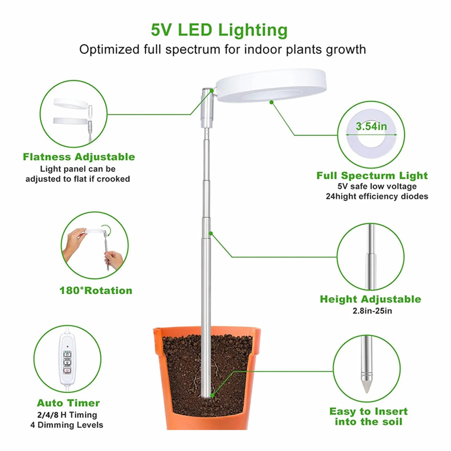 Plant Light, Dimmable LED Grow Lamp with Timer for Indoor Plants, 5W Hydroponics, Greenhouse, Flower Growth, Vegetable Farming, Bonsai Care, and Adjustable Brightness, 8.8x1.2cm