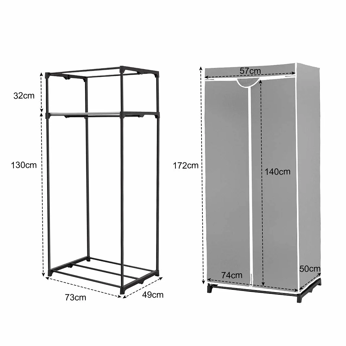 GIANTEX Szafa na ubrania z materiału z drążkiem na ubrania i półką, składana szafa 74 x 50 x 172 cm, wieszak na ubrania, metalowy stelaż z osłoną przeciwpyłową, do sypialni, garderoby (jasnoszara)