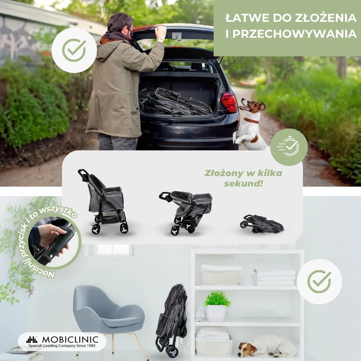 Mobiclinic®, Składany wózek dla psa, Do 15 kg, Małych Psów, Koł z hamulcami 360°, Kosz xl, 3 Okna Zamkiem Błyskawicznym i Moskitierą, Zuma (Szary)