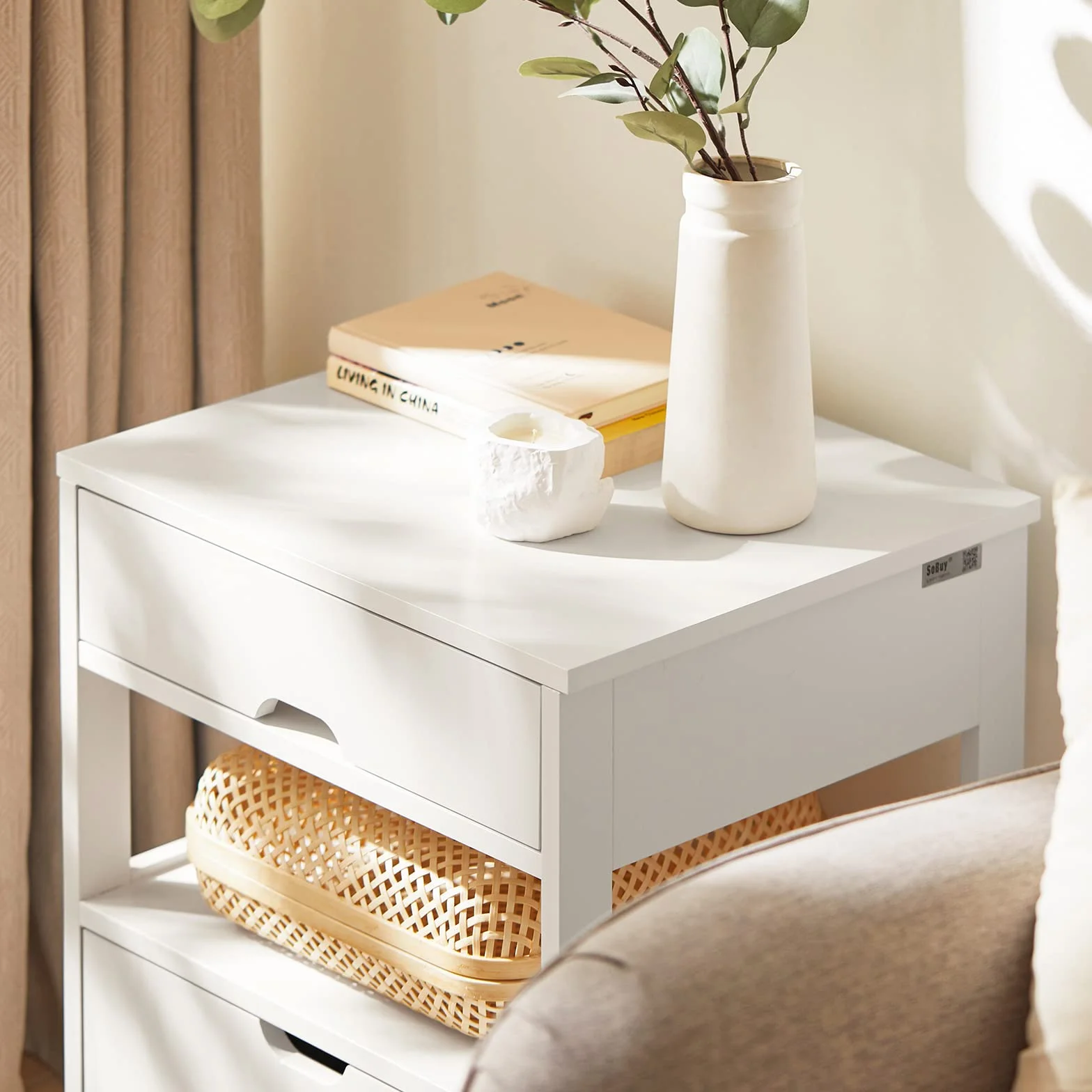 SoBuy Stolik Nocny z 2 Szufladami i Półką, Stoliczek do Sypialni - Nowoczesny Mebel do Przechowywania S45 x G38 x W55 cm Biały FRG258-II-W