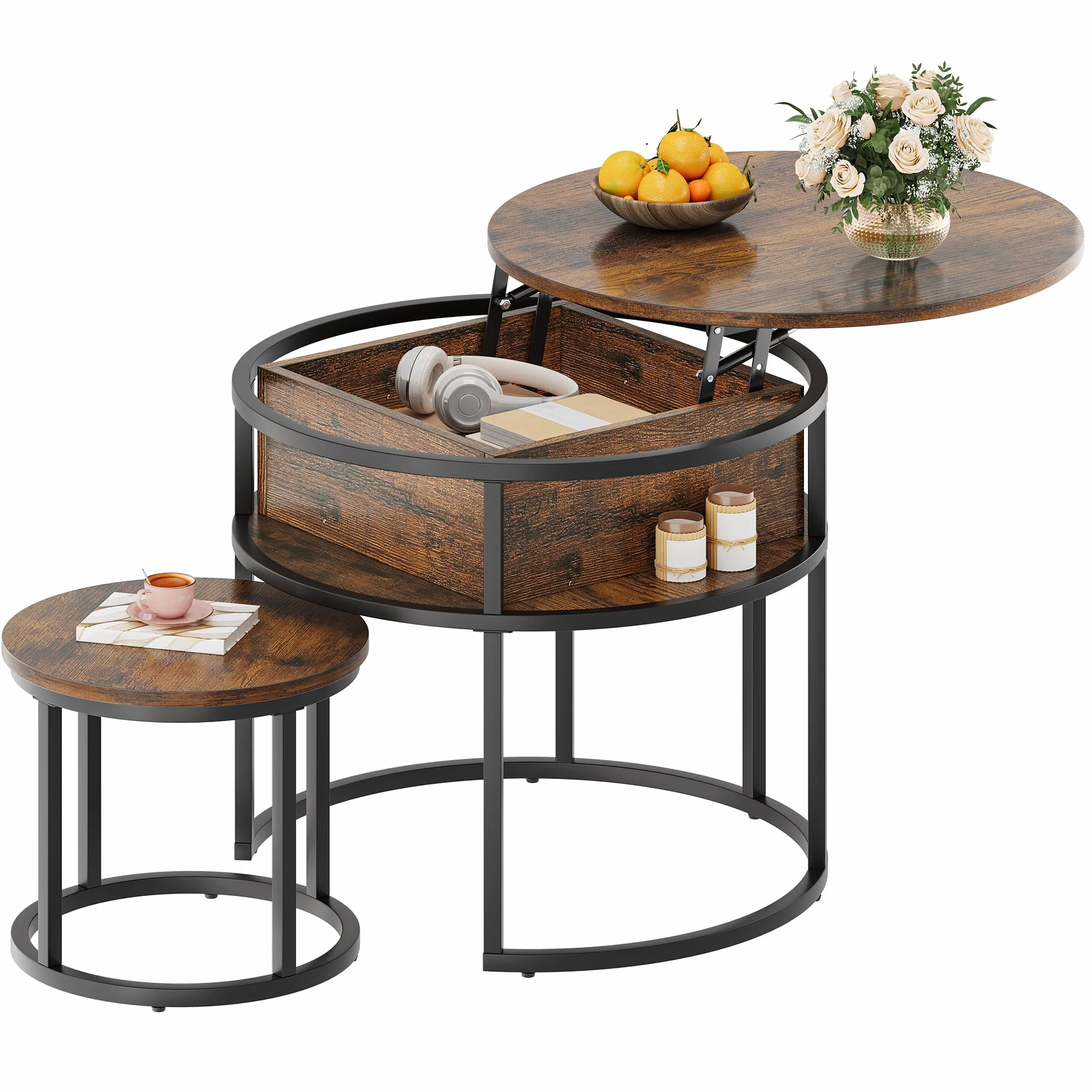 YITAHOME Okrągły stolik kawowy, zestaw 2 sztuk, stół do salonu w stylu vintage z miejscem do przechowywania, wysuwany i wysuwany stolik kawowy 60 x 60 x 50 cm, 38 x 38 x 30 cm