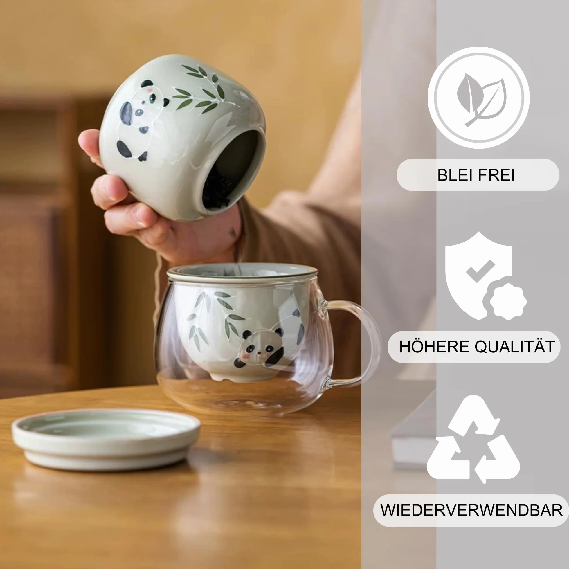 JanYoo Szklana filiżanka do herbaty z pokrywką i sitkiem 250 ml Panda