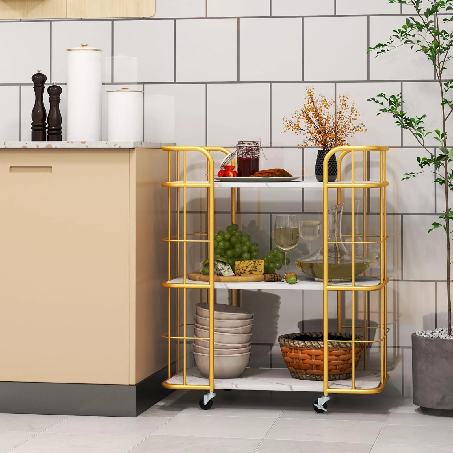 COSTWAY Wózek kuchenny z uniwersalnymi kółkami, wózek do serwowania, 3 półki, marmurowy wózek barowy, nowoczesny, mobilny wózek domowy, metalowa rama, wózek uniwersalny do domu, restauracji, złoty