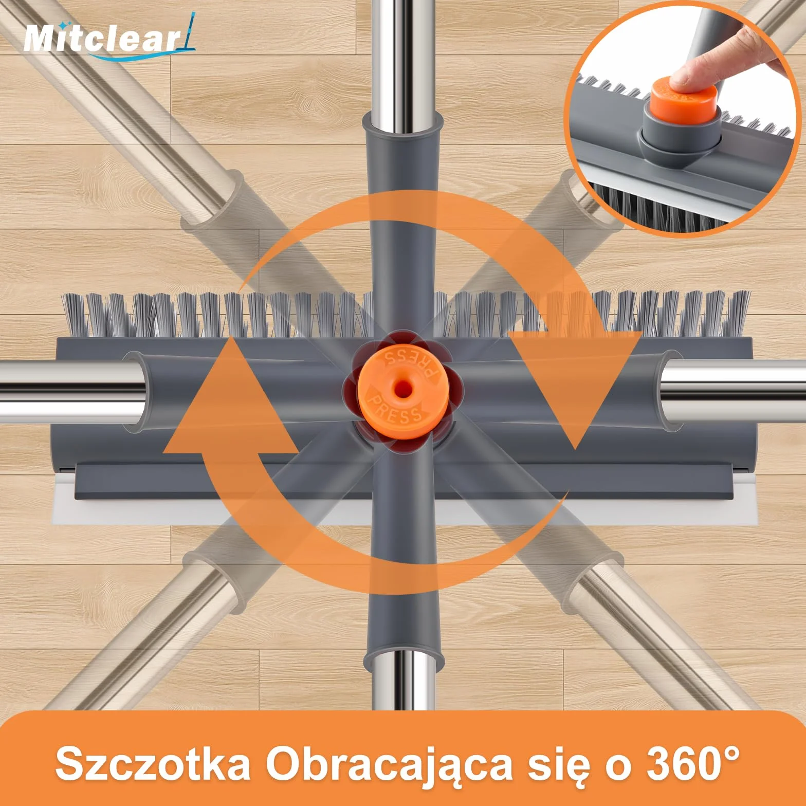 Mitclear Szczotka do Szorowania Podłóg z Długim Uchwytem(122cm), Szczotka do Szorowania 3 w 1 ze Sztywnym Włosiem i Ściągaczką do Szorowania Podłóg w Kuchni, Łazience, Tarasie, Patio, Garażu
