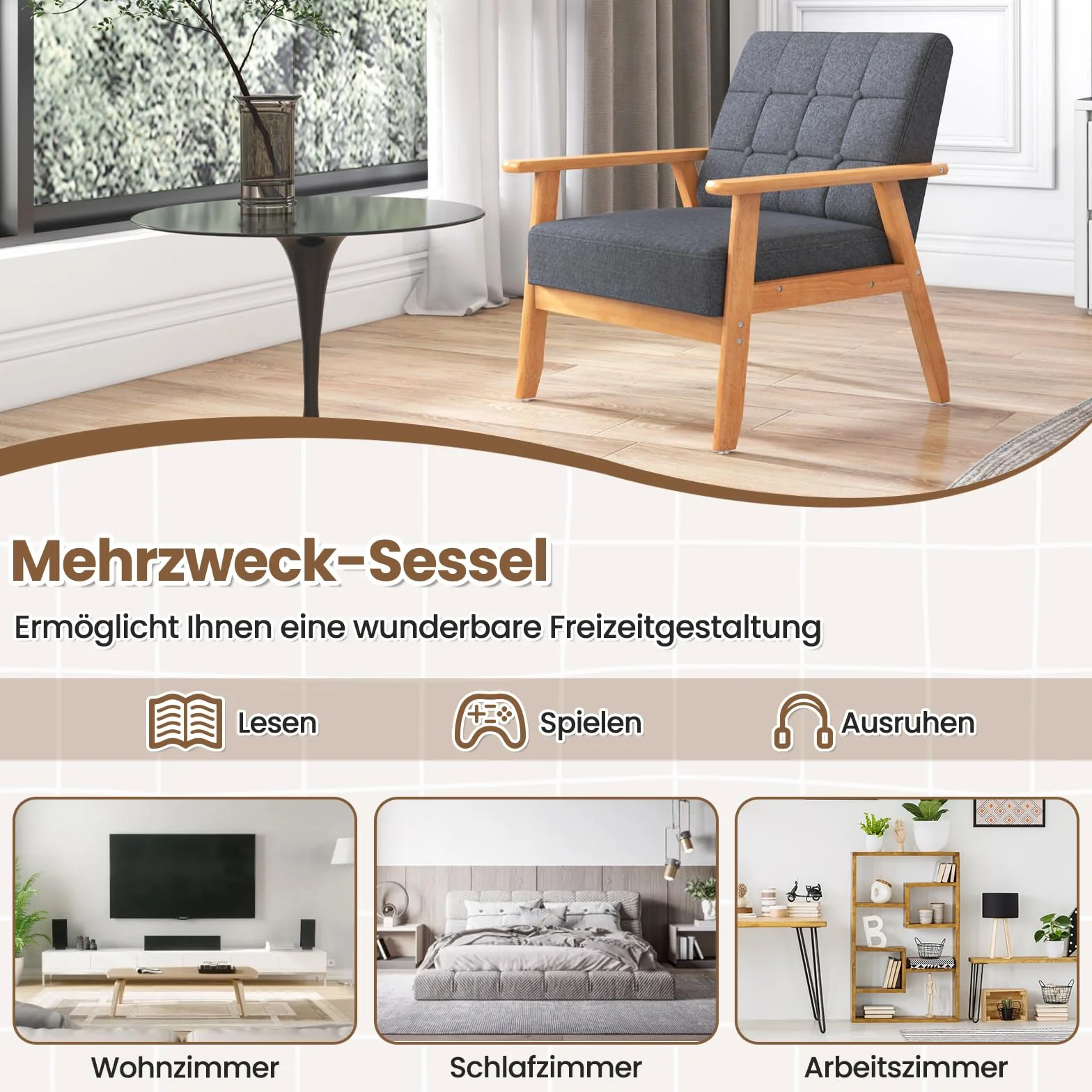 COSTWAY Fotel do salonu, tapicerowany fotel, do 150 kg, nowoczesne krzesło akcentujące z drewnianymi nogami i podłokietnikami, fotel koktajlowy, tapicerowany fotel do sypialni, biura, 72 x 65 x 76 cm