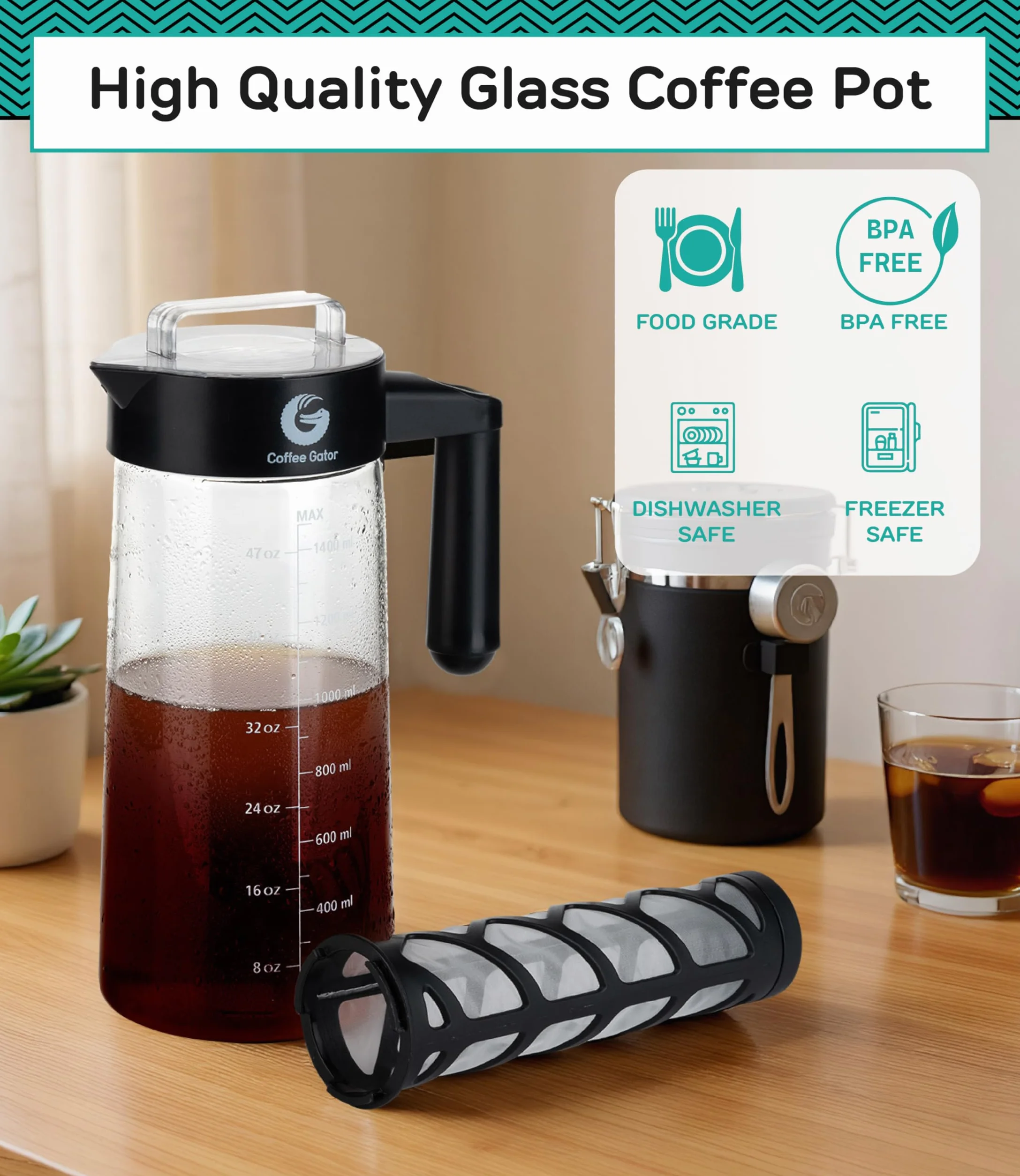 Coffee Gator Ekspres do kawy Cold Brew, filtr bez BPA i szklana karafka, zestaw do parzenia z miarką ze stali nierdzewnej i składanym lejkiem załadunkowym, czarny, 1,4 l