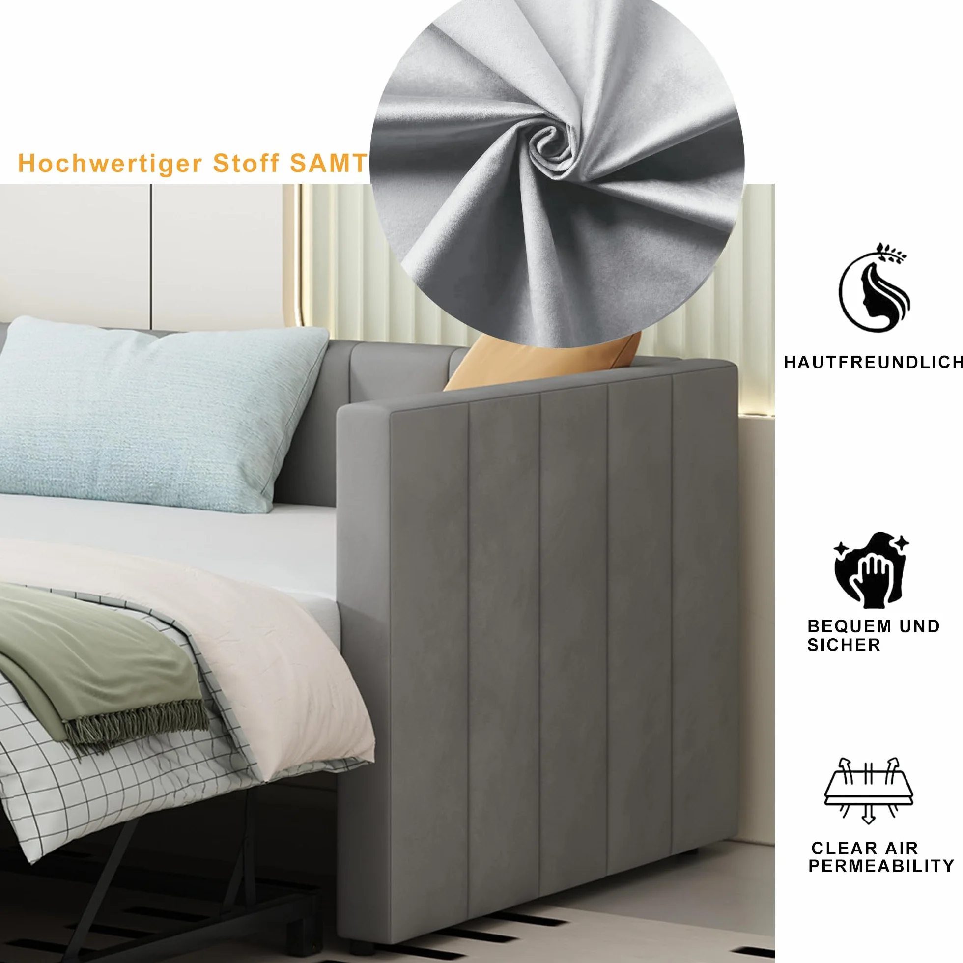 YESGIGA Łóżko tapicerowane, rozkładana sofa do spania 90/180 x 200 cm ze stelażem, łóżko wielofunkcyjne z przyjaznego dla skóry aksamitu (jasnoszare)