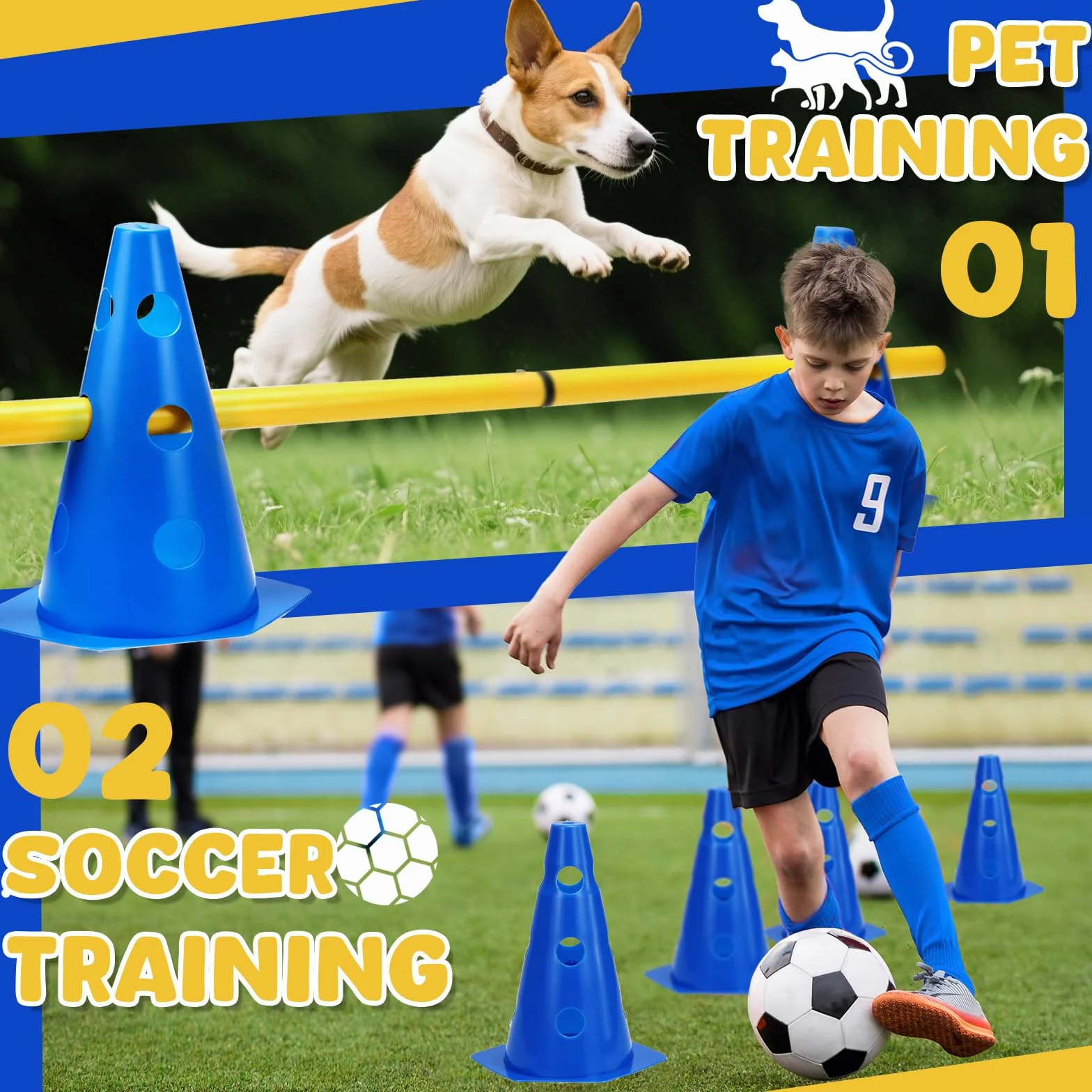 Agility zestaw płotek dla psów, zestaw przeszkód dla dzieci, do skakania, dla psa Cavaletti, 8 stożków o wysokości 23 cm + 16 drążków o długości 80 cm, do ćwiczeń treningowych