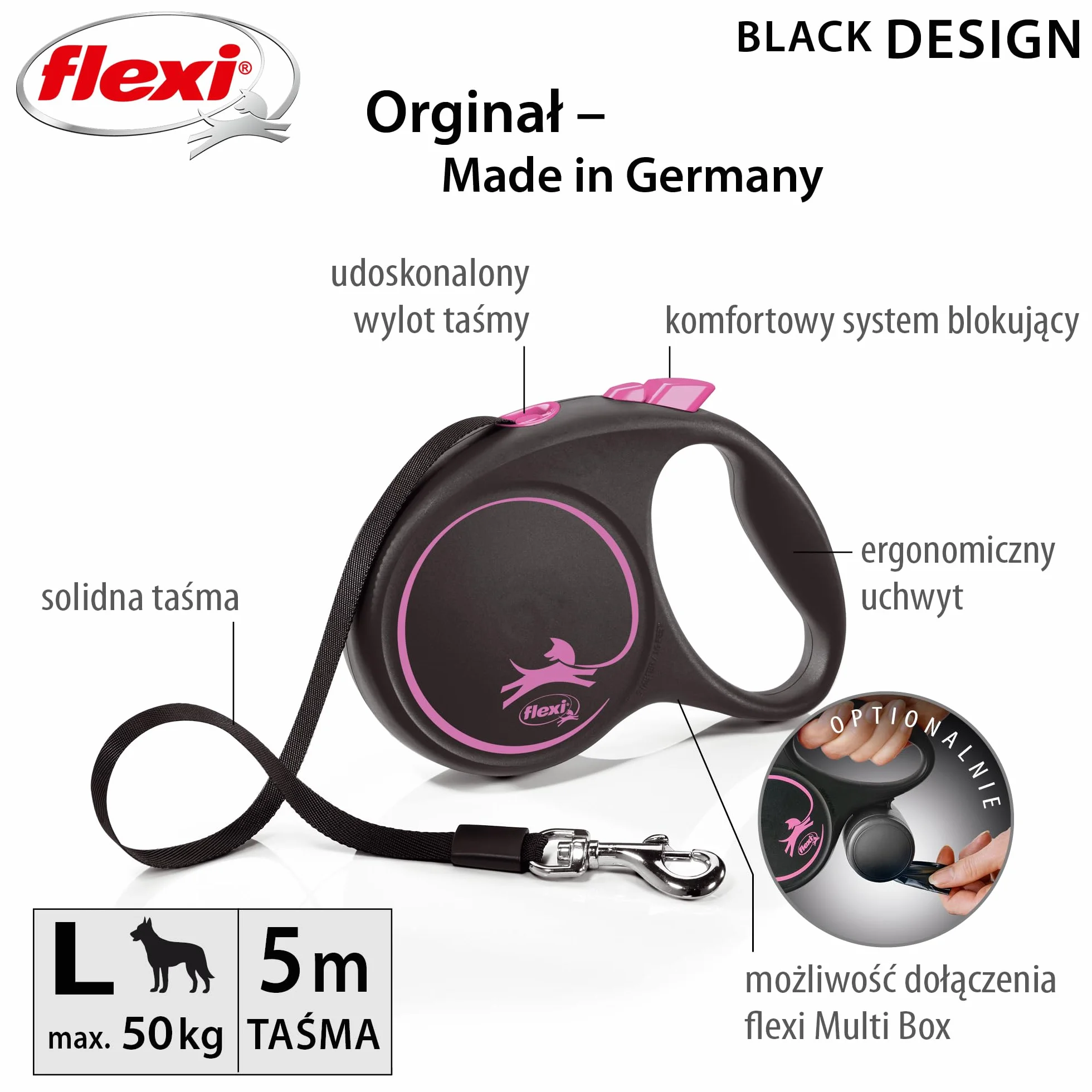 Flexi smycz automatyczna Black Design linka L 5m różowa