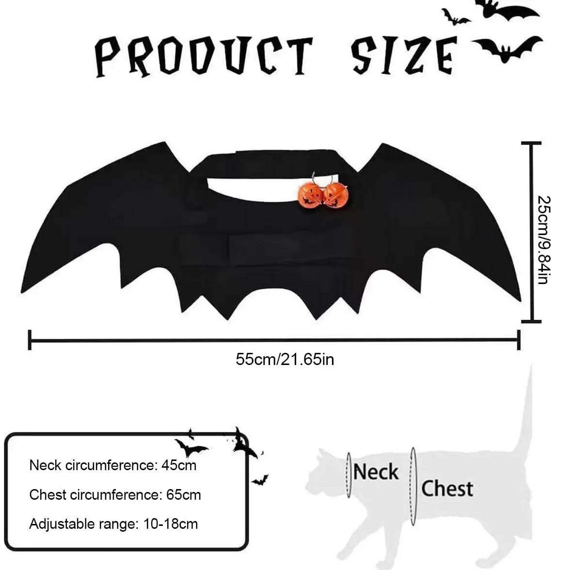 Kostium dla psa nietoperza Halloween, czarne filcowe skrzydła, regulowane z dzwonkiem dyniowym