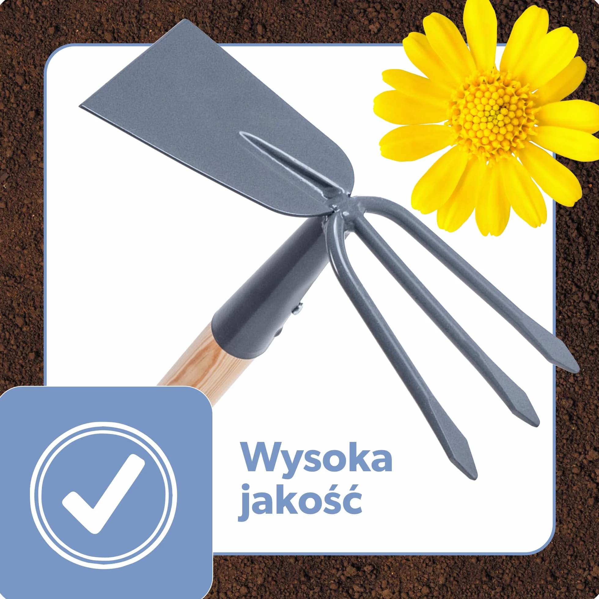 KADAX Motyka ogrodowa podwójna z metalową głowicą, długi drewniany trzonek, ostrze prostokątne + 3 zęby, do spulchniania, napowietrzania i pielenia ziemi