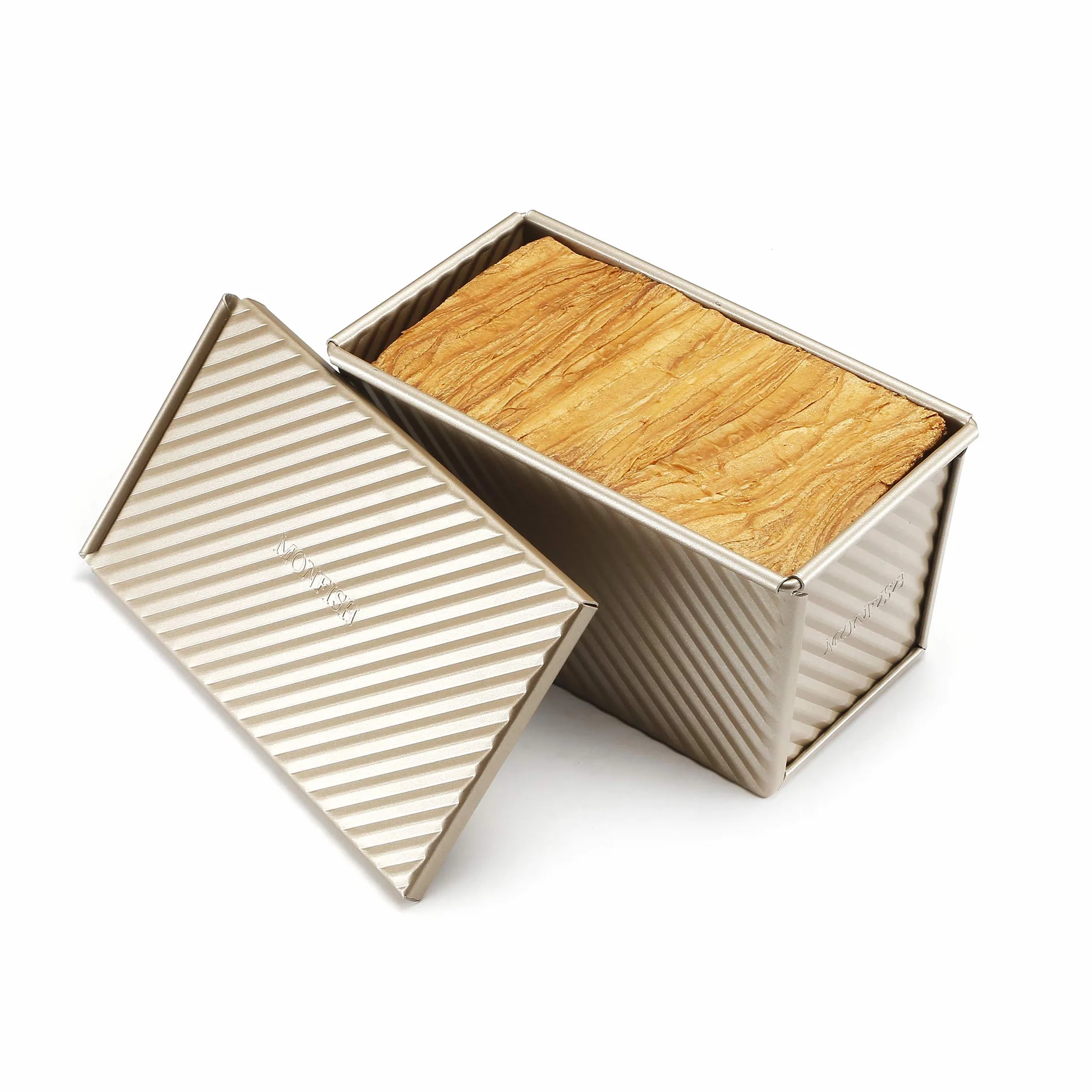 Monfish Patelnia do pieczenia chleba Pullman z pokrywką, formka do tostów, falista patelnia do pieczenia chleba z pokrywką, 450g ciasta, nieprzywierająca, złota stal aluminiowana (21,5x12,3x11,4cm)