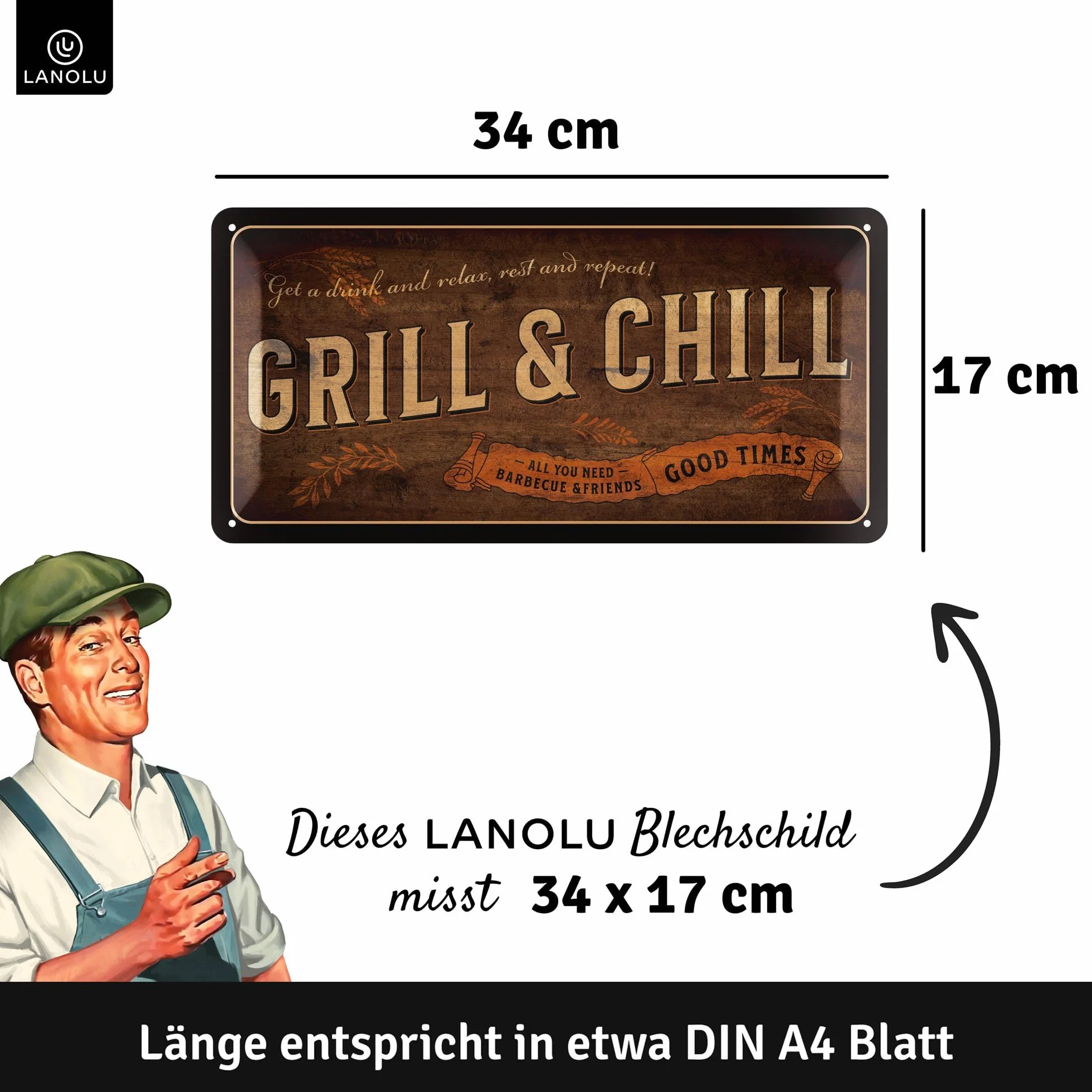 Retro blaszana tabliczka grillowanie - grill and chilll lounge - dekoracja grilla retro - tabliczka do grillowania tabliczka ogród - prezent dla taty do grillowania tabliczka tabliczka z powiedzonkami i wytłoczeniem w wymiarach 17 x 34 cm