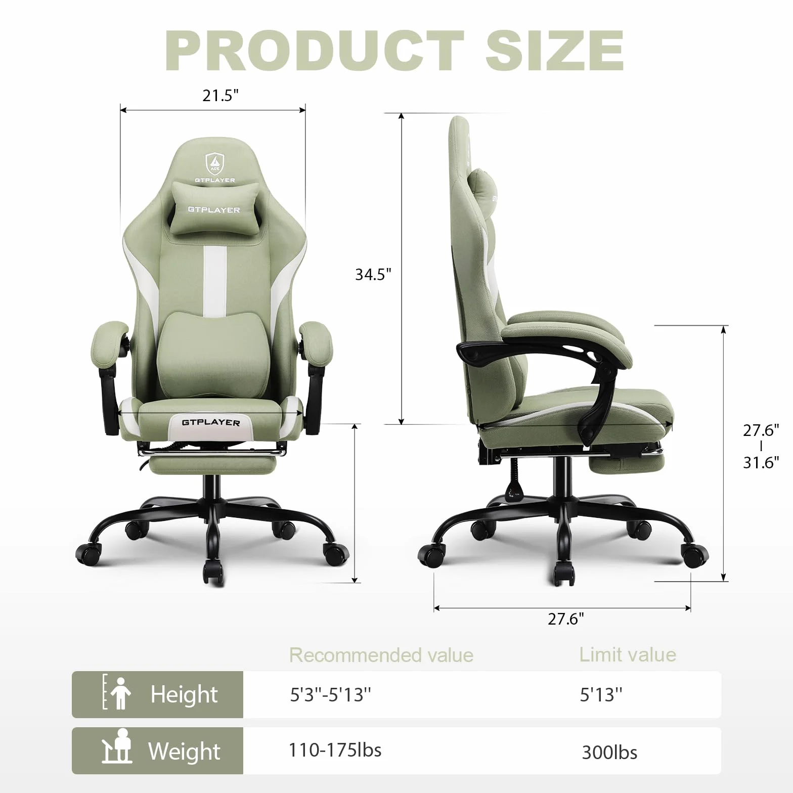 GTPLAYER Fotel Gamingowy, Fotel Dla Graczy, Wysokiej JakośCi Tkanina OddychająCa KrzesłO Biurowe, Ergonomiczny Fotel Do Komputera, Regulowany I Obrotowy Fotel Biurowy Z PodnóżKiem, Zielony