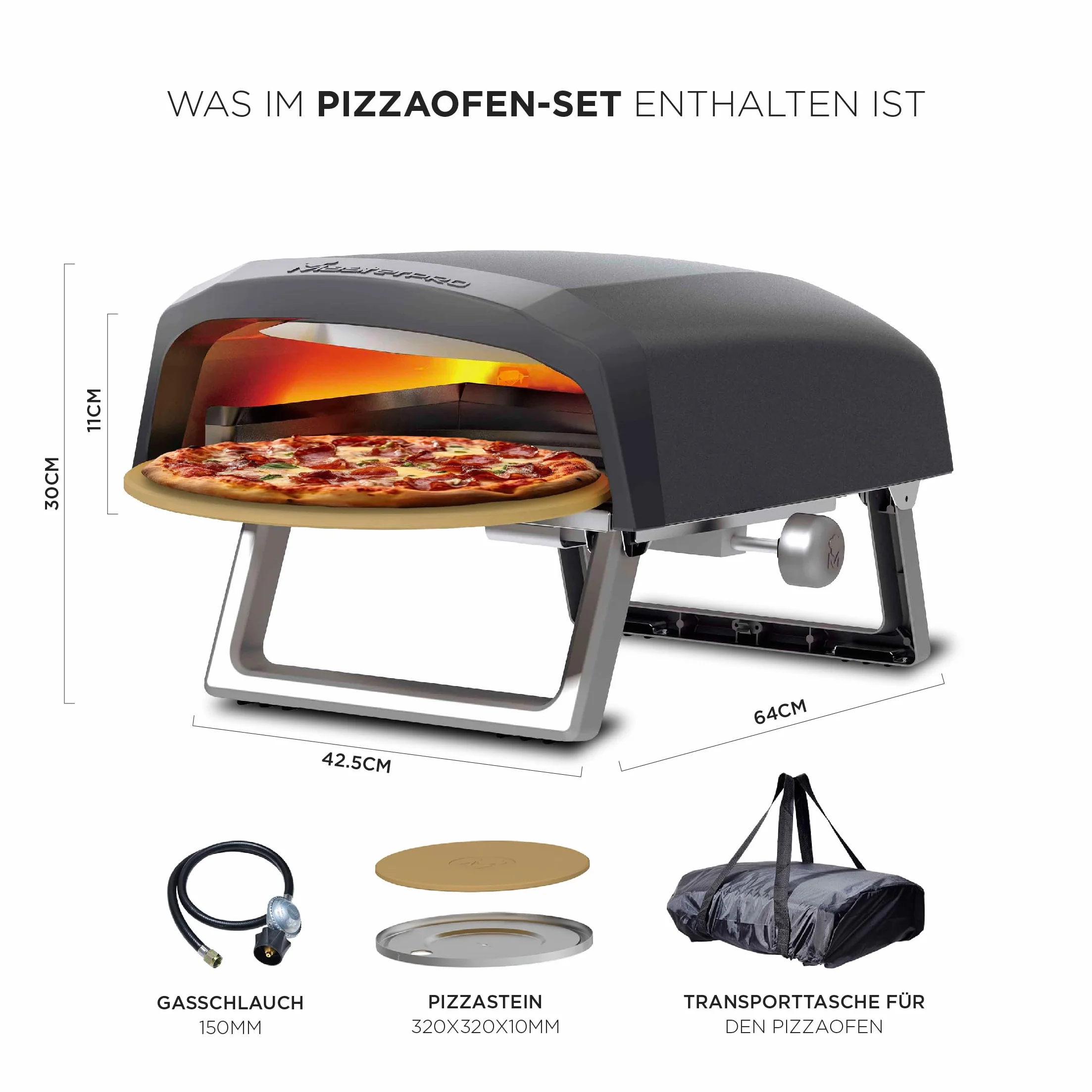 MasterPRO Napoli – przenośny gazowy piec do pizzy – szybkie, równomierne gotowanie – moc do 500°C – pizza gotowa w 60 sekund – torba do przenoszenia i taca kamienna w zestawie
