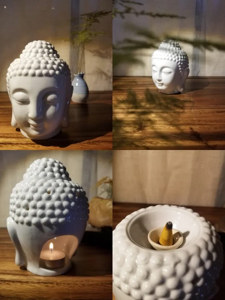 Jeanoko Ceramiczny palnik głowa Buddy z olejkiem głowa Buddy biały świecznik dyfuzor aromaterapeutyczny wystrój domu