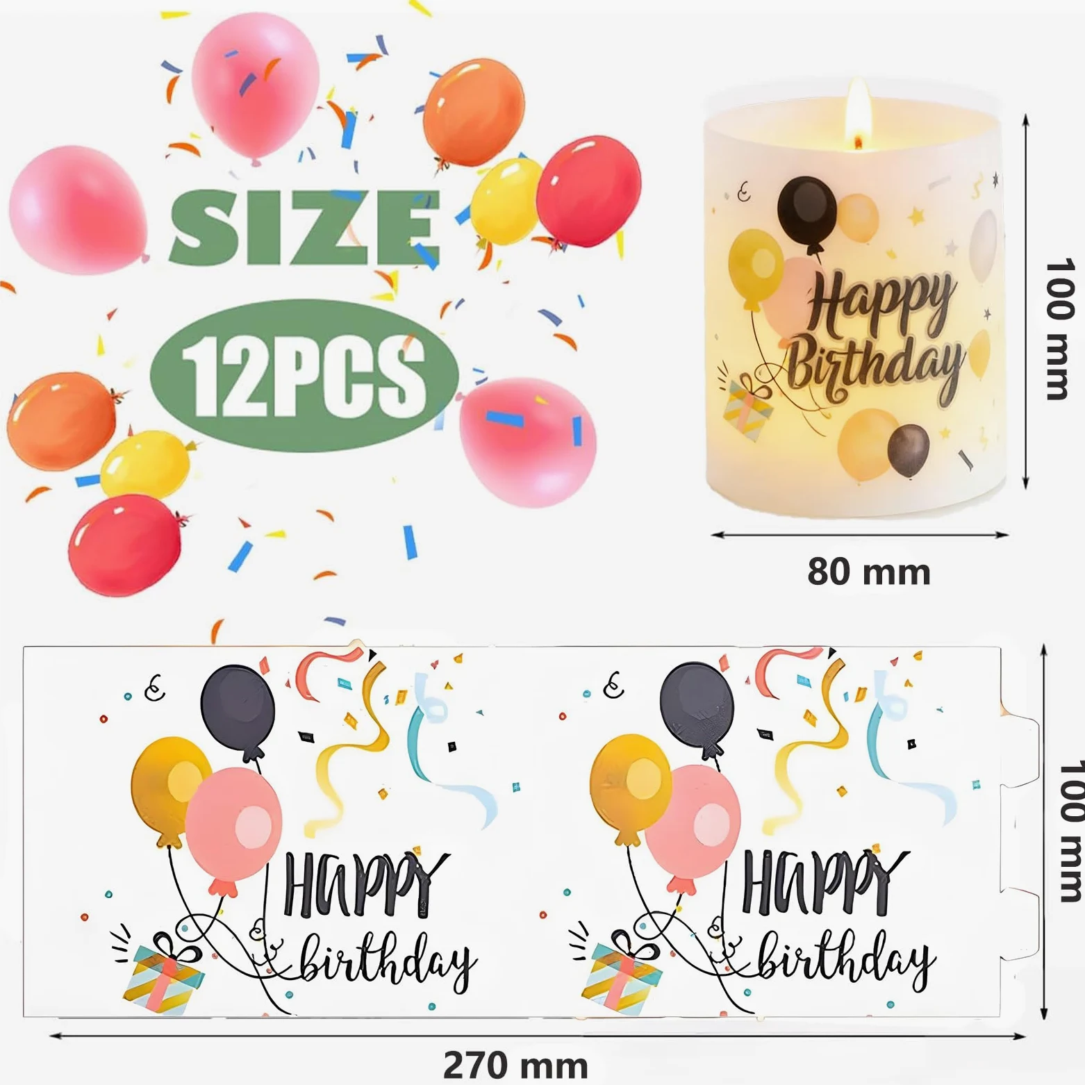 12 lampionów, dekoracja stołu, urodziny, świeczniki urodzinowe, dekoracja stołu, dekoracja stołu Happy Birthday, nadają się do podgrzewaczy lub świec (kolorowe)