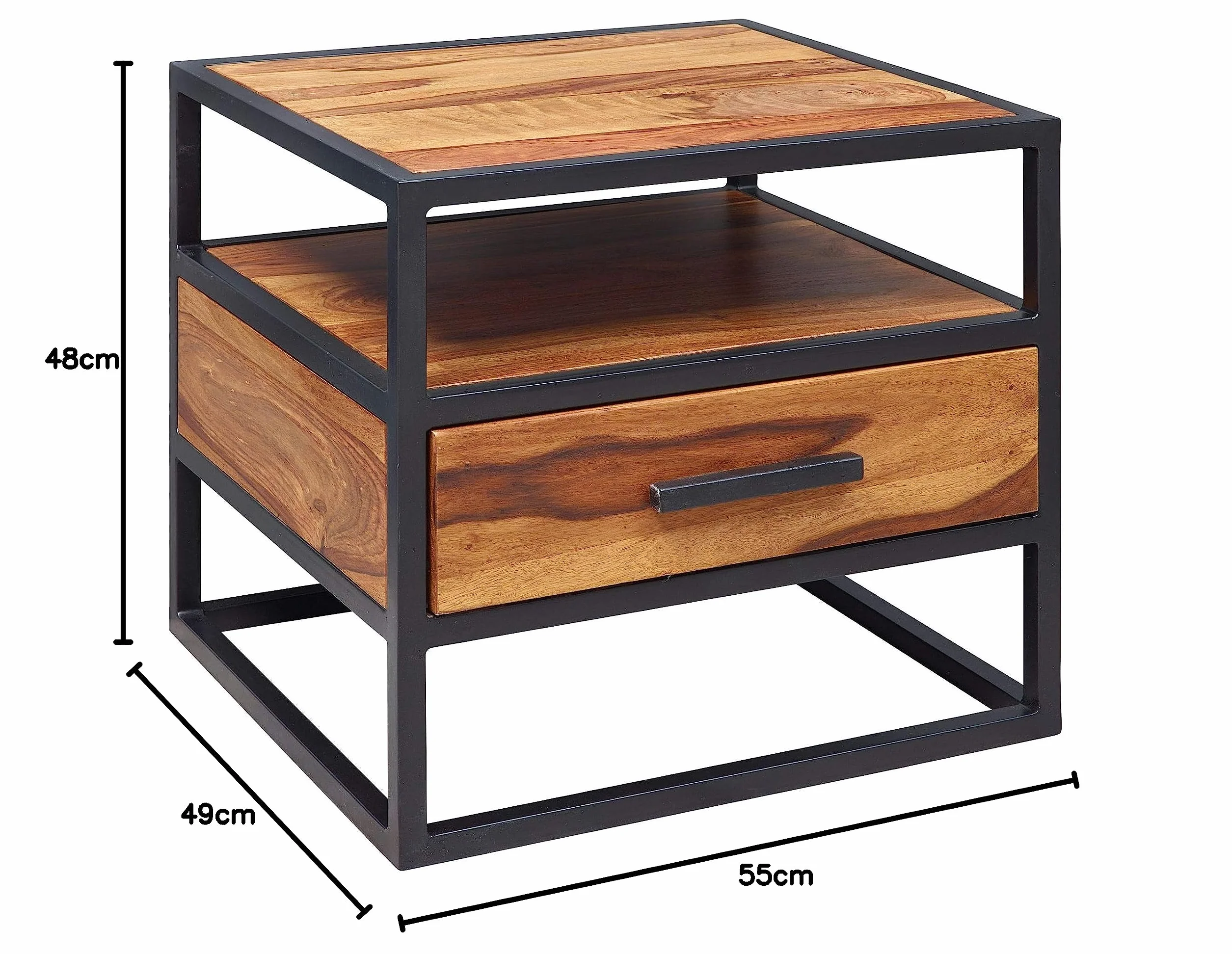 FineBuy Szafka Nocna 50x45x45 cm Lite Drewno Sheesham z Szufladą, Stal | konsola nocna industrialna ze stalowym stelażem i półką do łóżka kontynentalnego, szafka nocna ręcznie wykonana
