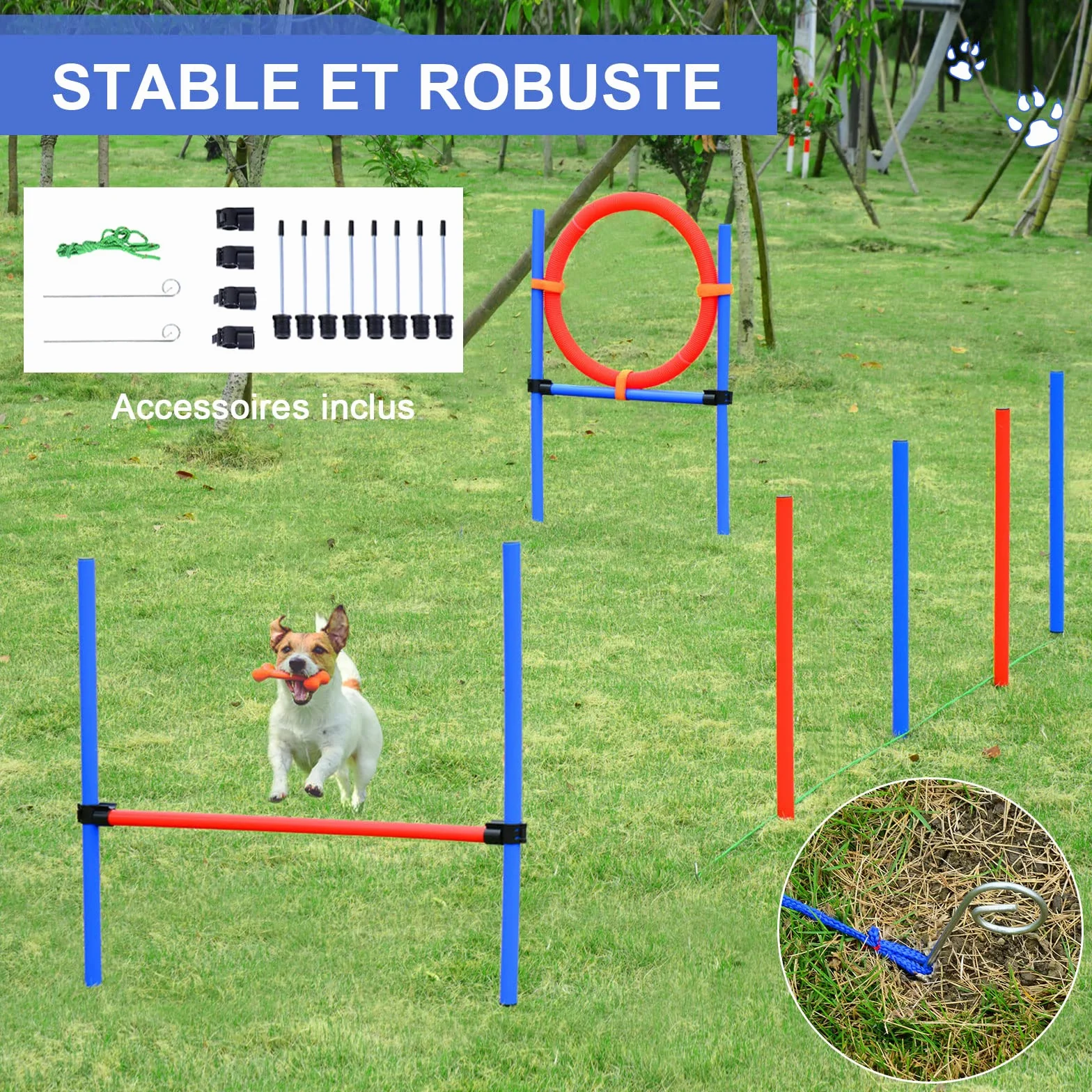 PawHut Agility Sport dla psów kompletny sprzęt przeszkodowy i treningowy, 11 sztuk, pole zwinności dla psa ze stalową torbą transportową czerwono-niebieską