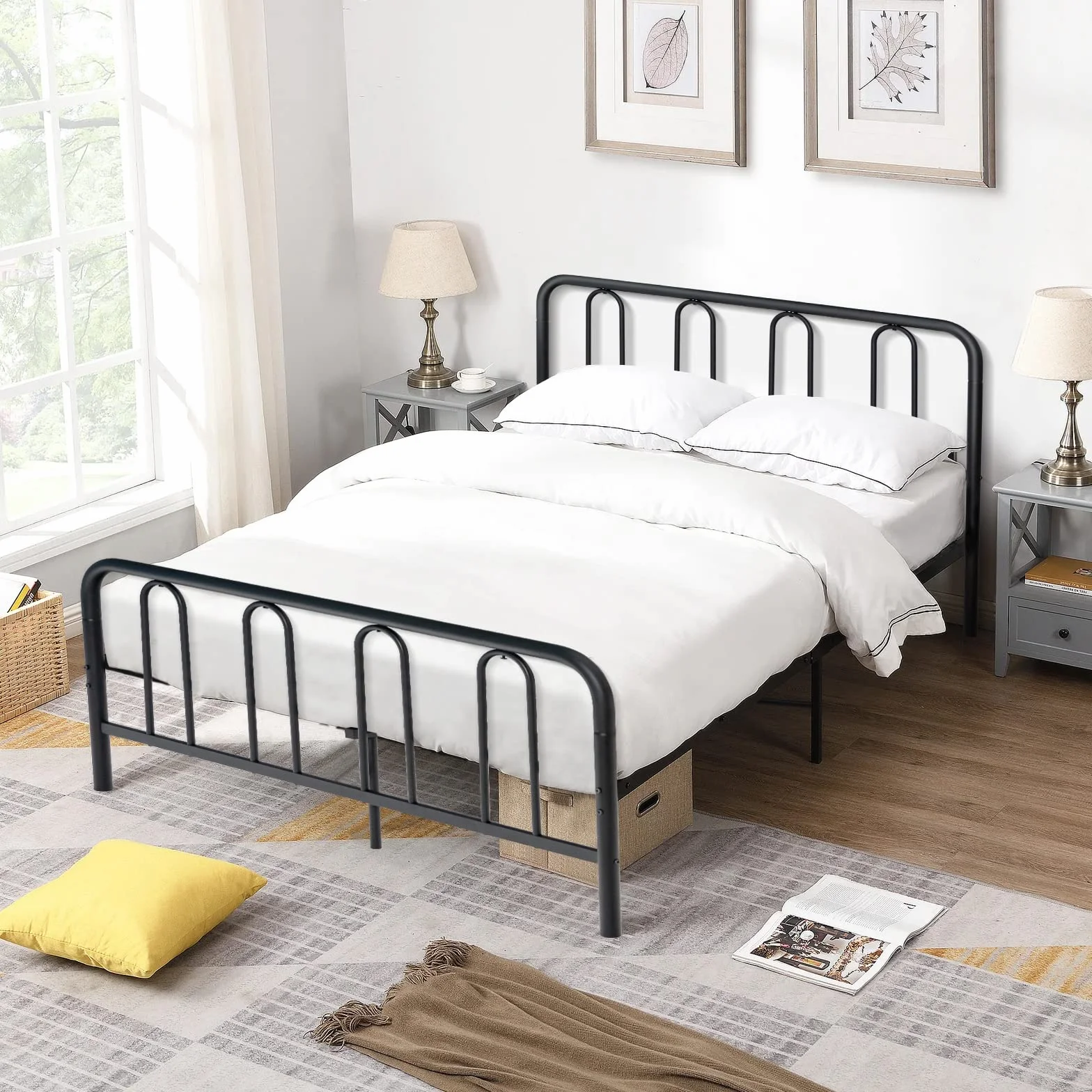 Costway Metalowa rama łóżka, na materac 200 x 140 cm, rama łóżka podwójnego, ze stelażem, z miejscem do przechowywania pod łóżkiem, metalowe łóżko dla gości