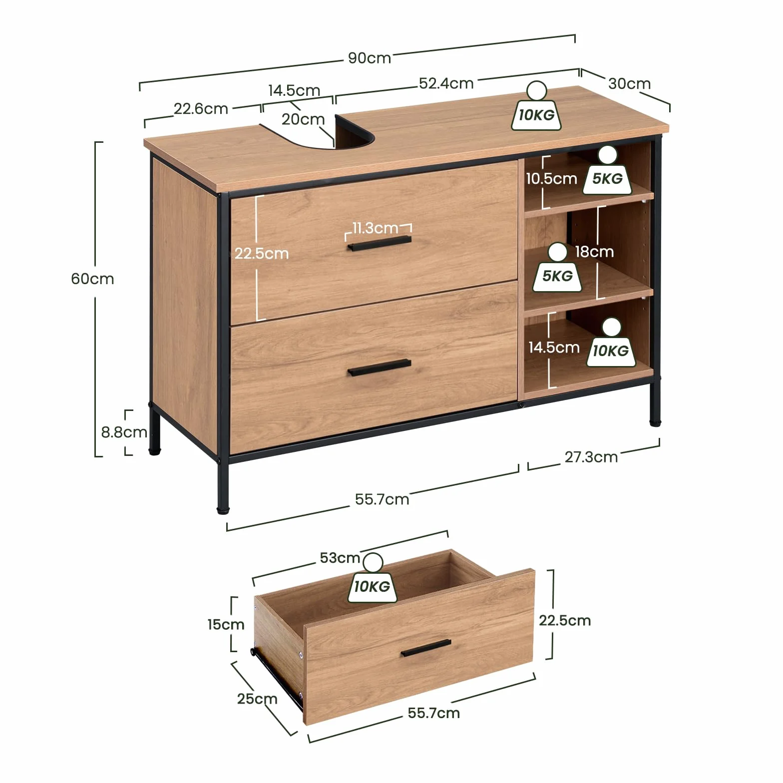 EUGAD Szafka pod umywalkę, szafka łazienkowa z 2 szufladami, 3 otwarte półki, szafka dolna z regulowanymi półkami, wolnostojąca szafka pod umywalkę, 90 x 60 x 30 cm