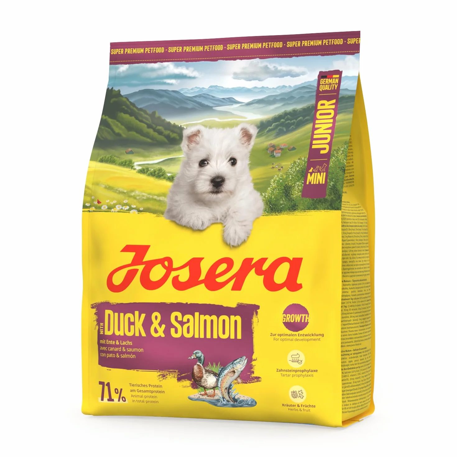 JOSERA Mini Junior kaczka i łosoś (1 x 900 g) | sucha karma premium dla rosnących psów do 10 kg od 6. tygodnia | karma dla szczeniaków dla optymalnego rozwoju | małe krokiety | bezglutenowa | 1