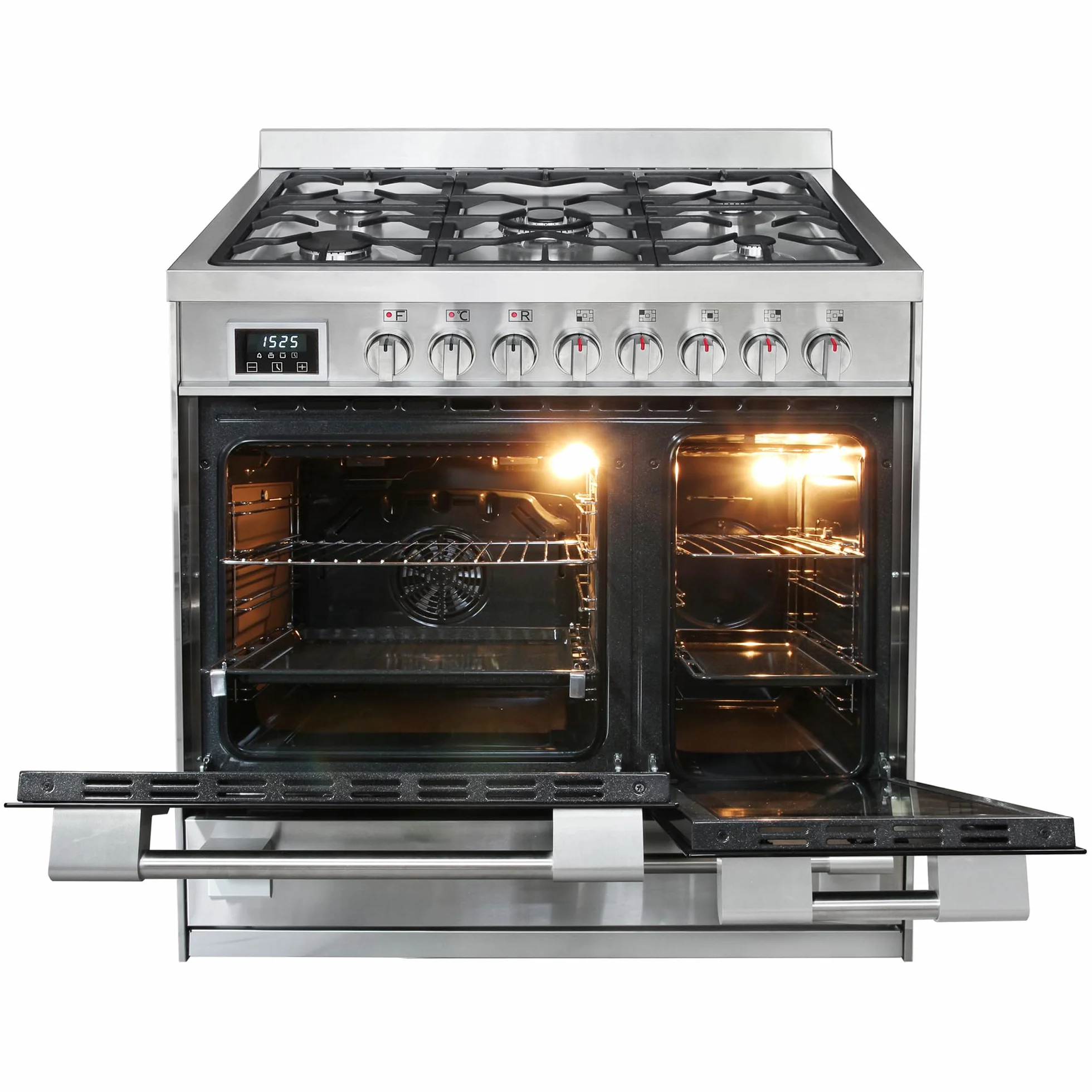 Kaiser HGE 93201 R Premium kuchenka gazowa ze stali nierdzewnej, z podwójnym piekarnikiem elektrycznym, 115 l, zasięg coocker 90 cm, 8 funkcji, 5 palników gazowych o mocy 3,7 kW i propanem