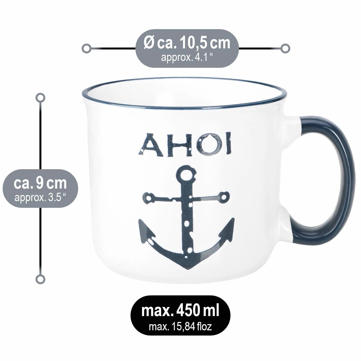 com-four 4 x ceramiczny kubek do kawy XL – kubki do picia 450 ml – morskie filiżanki do kawy do domu i biura – kubek do kawy na zimne i gorące napoje (4 sztuki – białe/niebieskie)