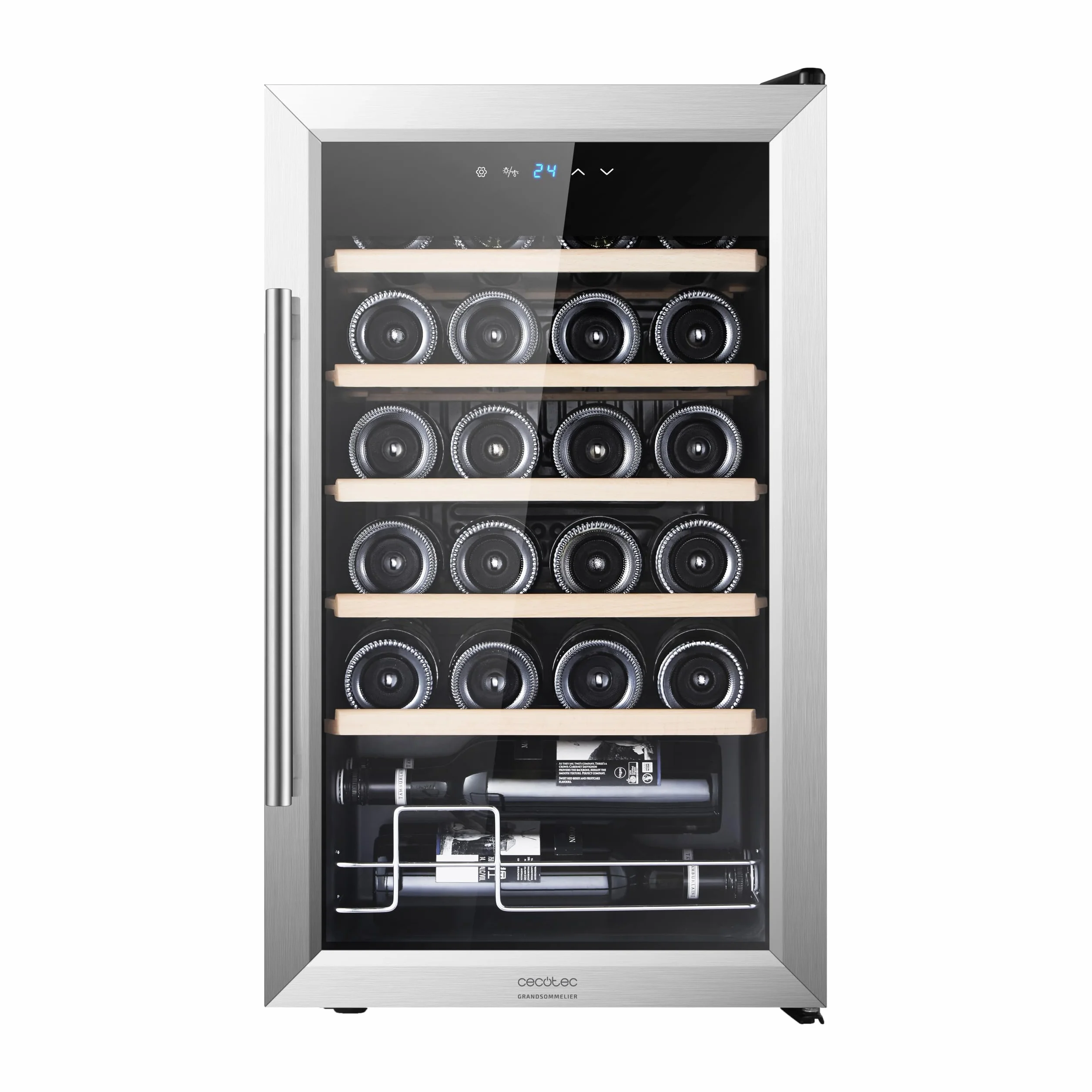 Cecotec Winiarnia, chłodziarka na wino, 24 butelki Bolero GrandSommelier 2450 Inox Compressor. Regulowana temperatura 5-18ºC, wysoka wydajność, cicha praca i brak wibracji