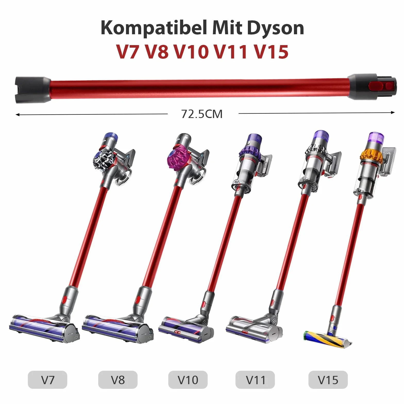 Dyson teleskopowa rura kompatybilna z V7, V8, V10, V11, V15, sztywna rura do V11, szybkie zapięcie, ssak z dwiema szczotkami 2 w 1, czerwona