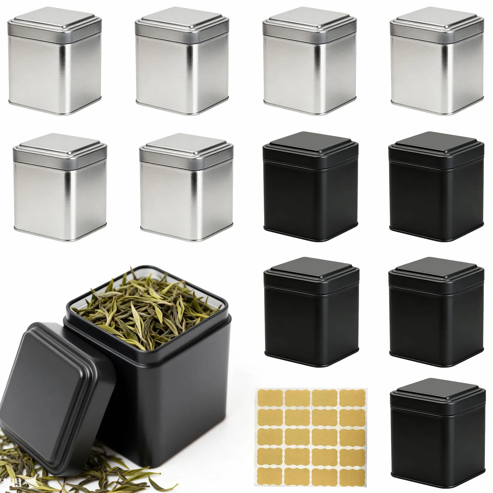 Klasyczne narożne pojemniki na herbatę, 12 sztuk pojemników na luźną herbatę z 1 naklejką z etykietą 7x7x8,5 cm Metalowe pojemniki na herbatę, herbatnik, pojemnik aromatyczny do mąki lub