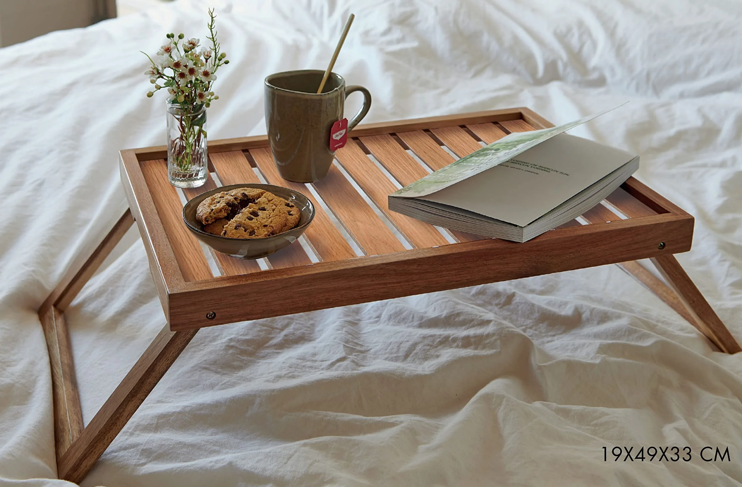 Taca do łóżka z akacji z rozkładanymi nogami – 49 x 33 cm – drewniana taca do serwowania ze stelażem – taca śniadaniowa stolik pod laptopa łóżko TV łóżko przekąski taca do serwowania