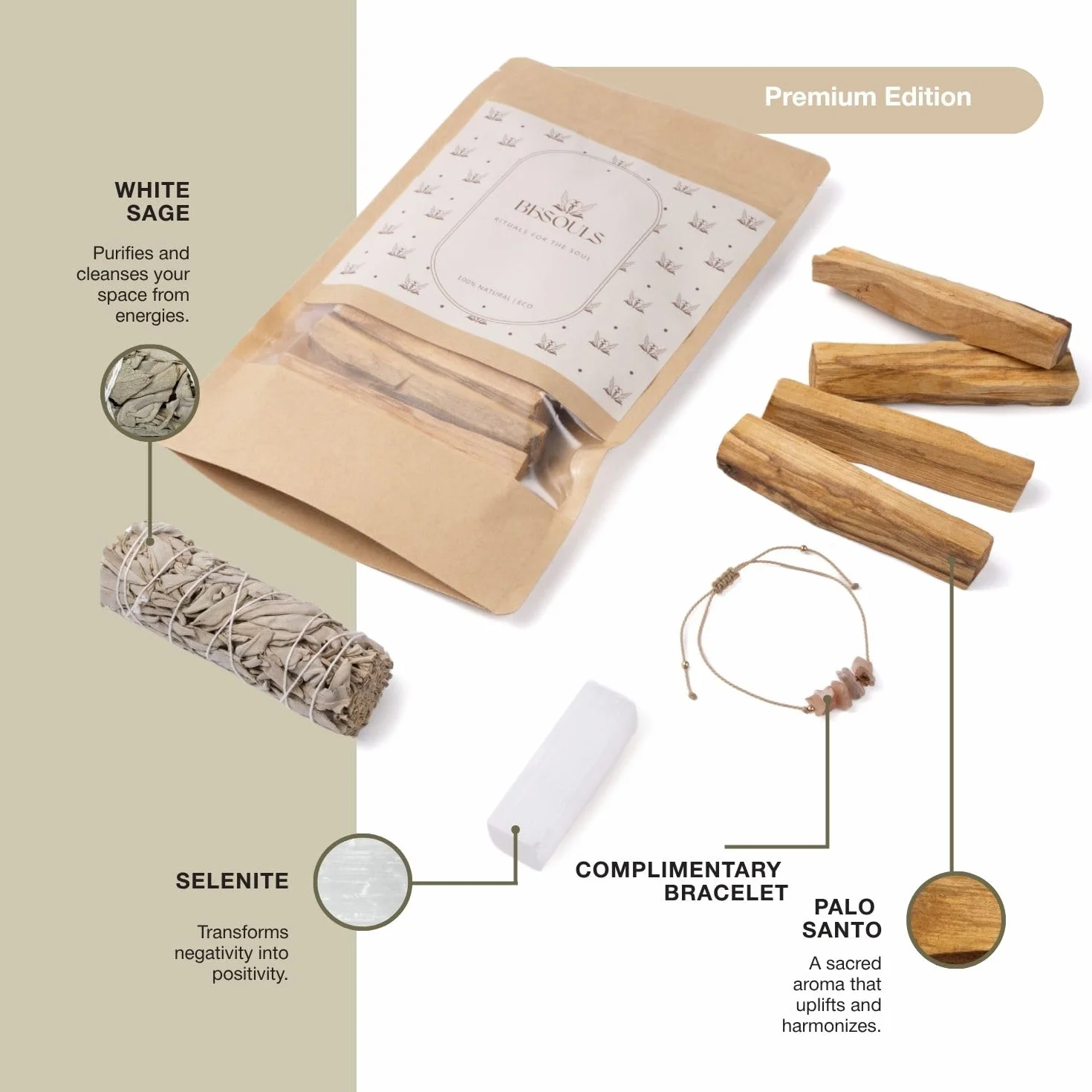 Zestaw do oczyszczania energetycznego: 4 Palo Santo, 1 biała szałwia, bransoletka jako prezent + selenit (cyfrowa zawartość QR) – naturalne i idealne do medytacji, jogi, rytuałów duchowych