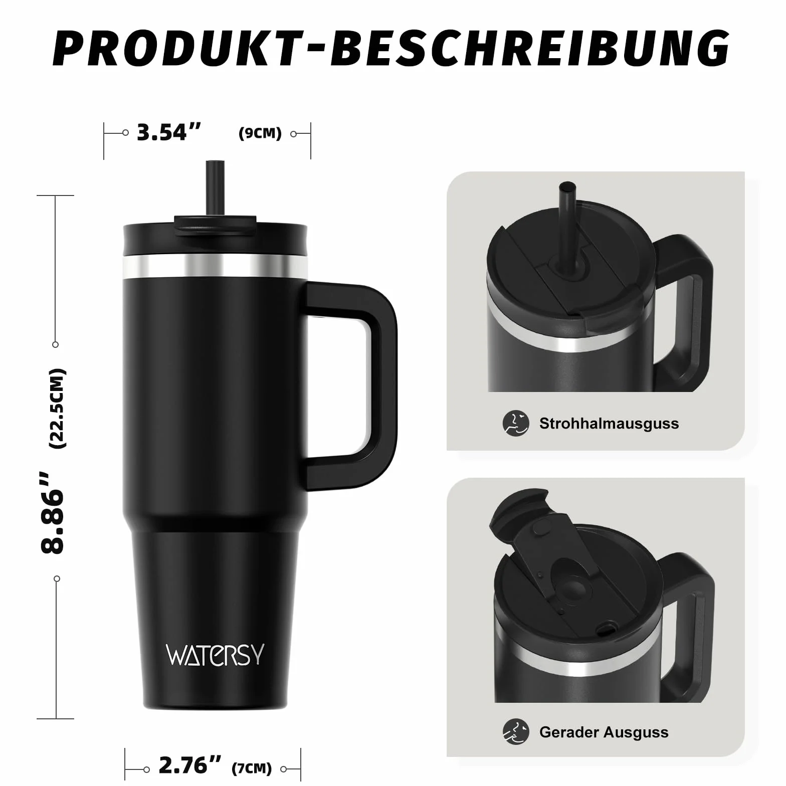 WATERSY Kubek podróżny 850 ml, kubek do kawy z 2 słomkami, pokrywka i uchwyt, stal nierdzewna, podwójna ścianka, izolowana próżniowo, butelka na wodę, termiczna do zimnej gorącej kawy, 891 ml, czarny