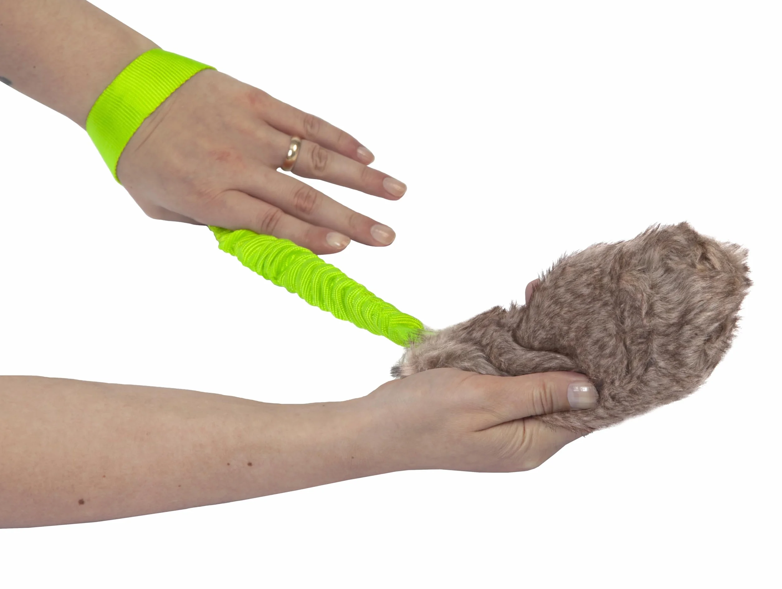 DINGO Zabawka dla psa ze sztucznego futerka na rączce bungee, szarpak z piszczałką 55 cm Zielony