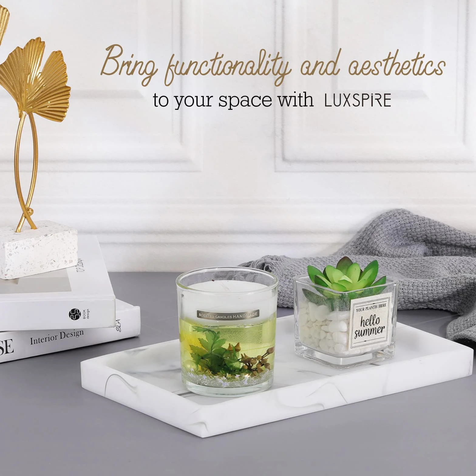 Luxspire Bathroom Vanity Tray, Resin Dresser Jewelry Ring Dish Tank Storage Kitchen Sink Countertop Organiser Plate Holder for Perfume Candles Soap Towel Plant Bathroom Accessories, M, White Marble