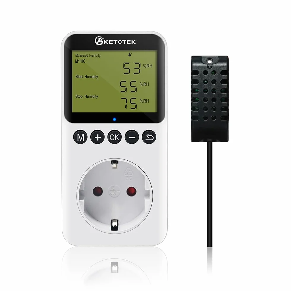 KETOTEK Higrostat, regulator wilgotności z czujnikiem 230 V, cyfrowy regulator wilgotności, gniazdko elektryczne przełącznik do szklarni, terrarium, osuszacza powietrza, nawilżacz powietrza