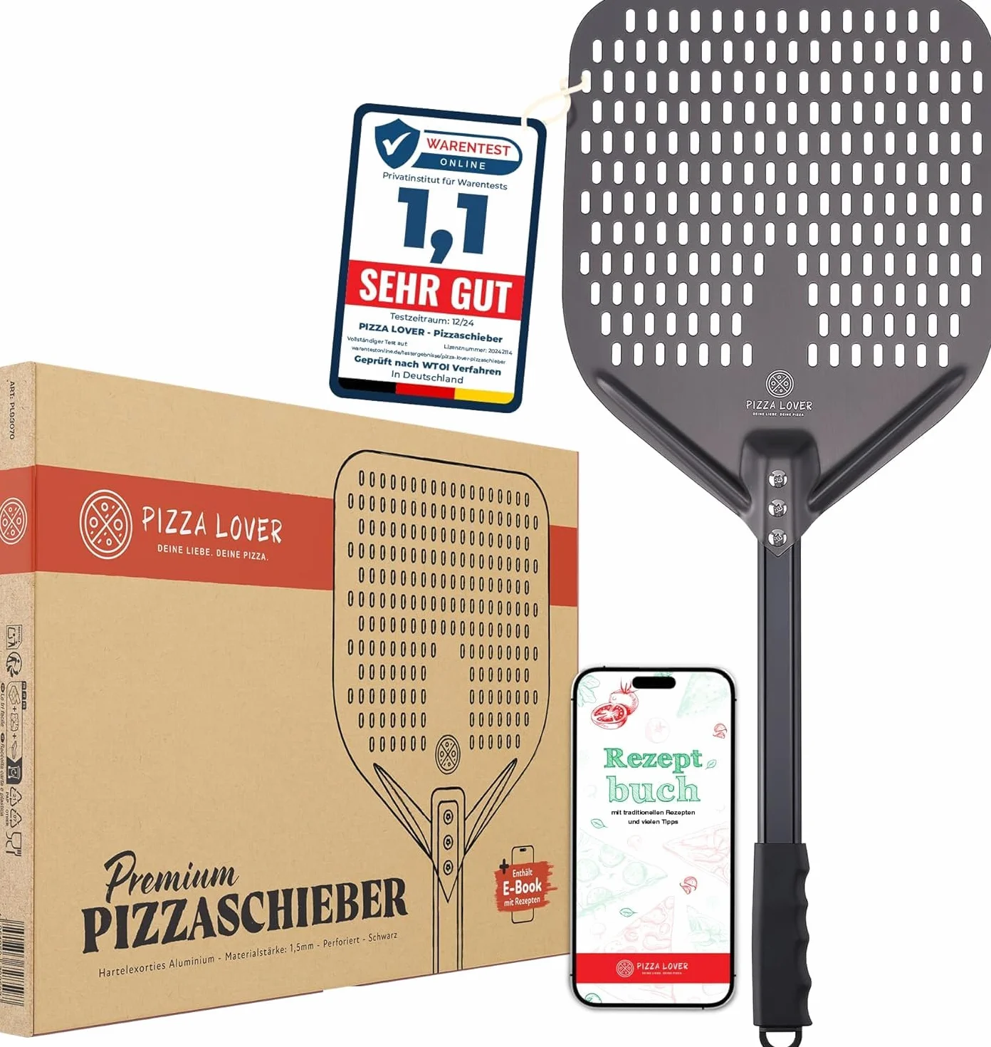 Pizza Lover Łopatka do pizzy premium perforowana łopatka do pizzy z twardego anodowanego aluminium z antypoślizgowym uchwytem 30 x 70 cm idealna do pieca do pizzy, grilla, kamienia do pizzy