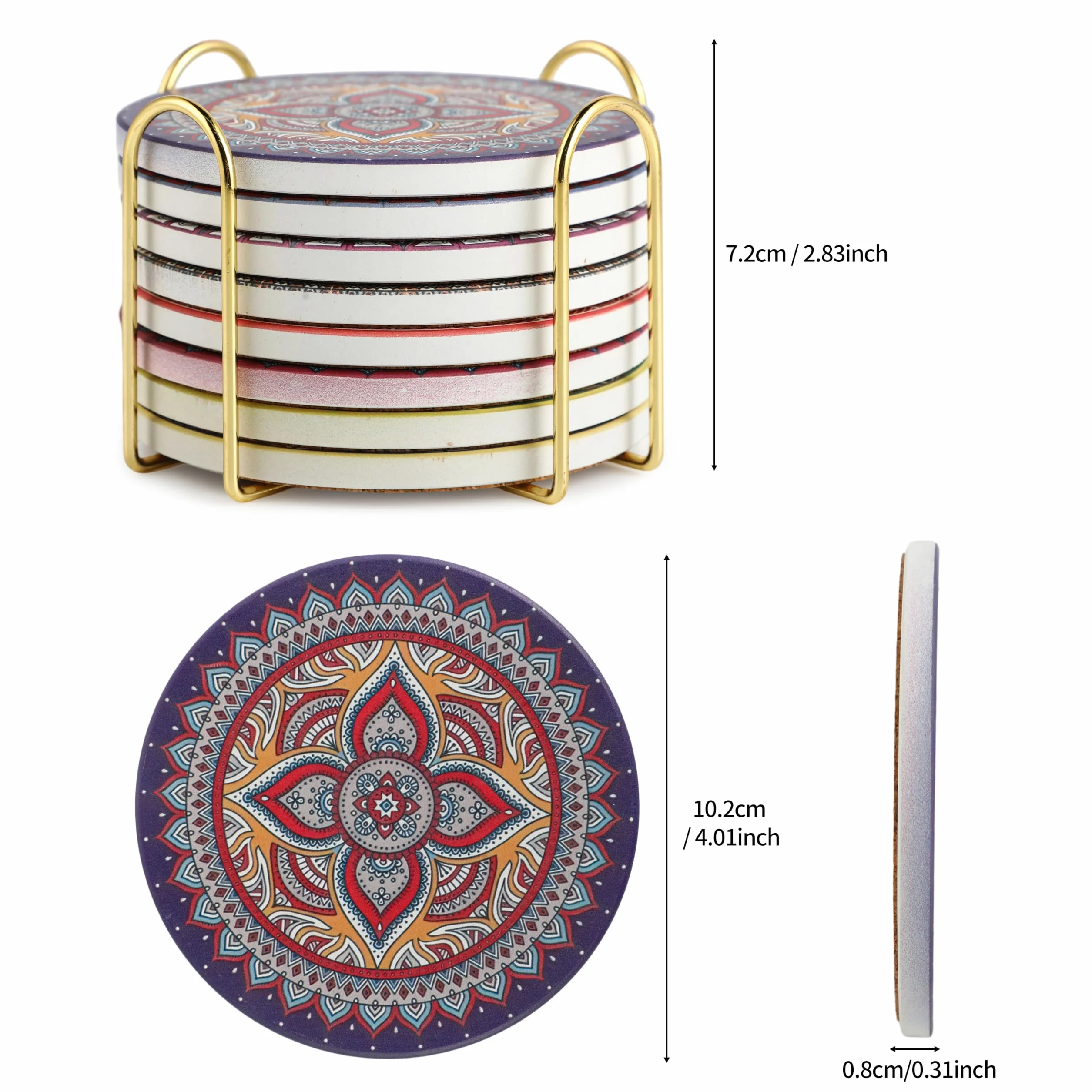 Podstawki pod napoje, z metalowym uchwytem, chłonne, ceramiczne, 10 cm, do wazonów, świec, prezent na parapetówkę, urodziny, do kuchni, salonu (8 - wzór mandali)