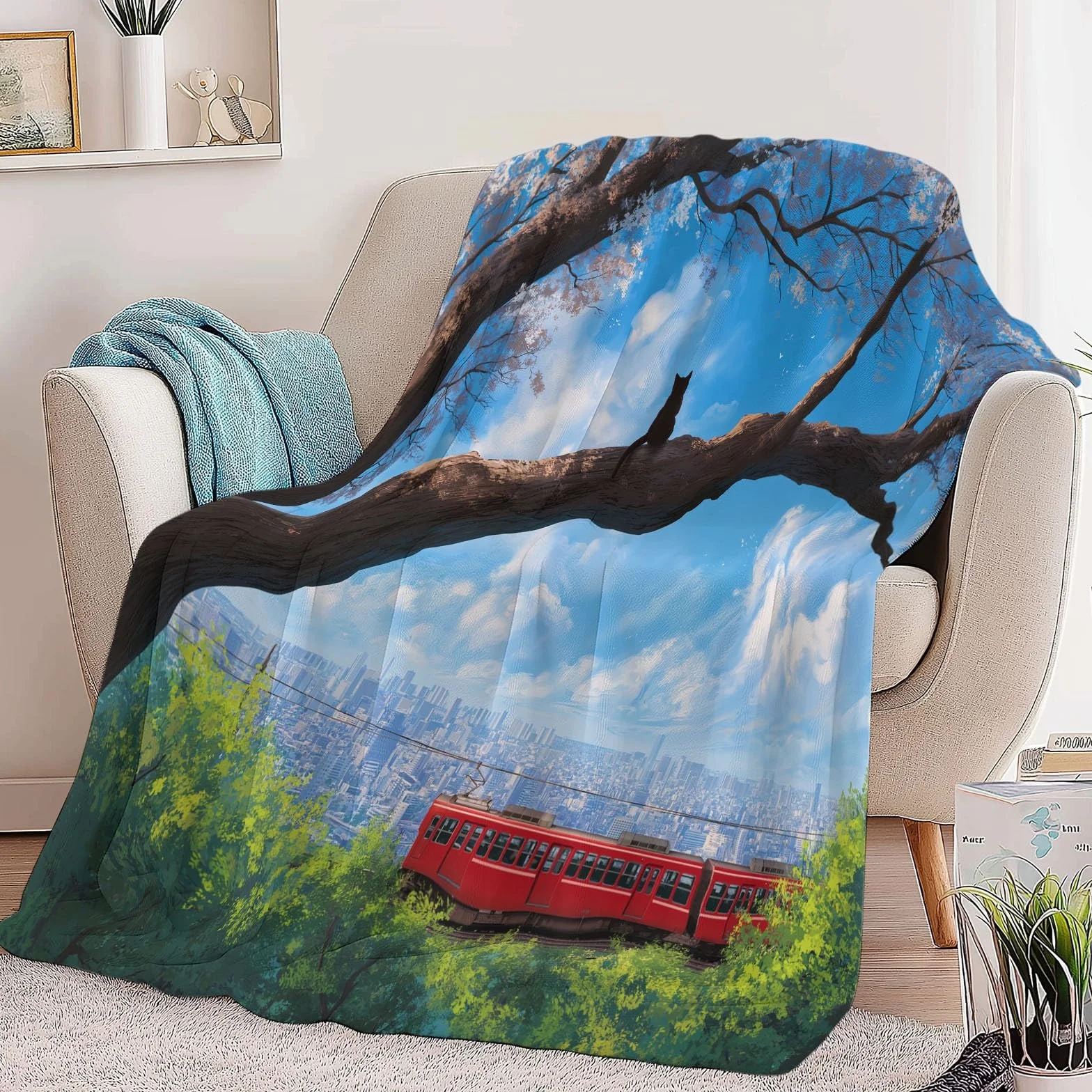 Puszysty koc flanelowy na sofę, łóżko, krzesło, miękki pejzaż miejski, kwiaty, pościel, 220 x 240 cm, dekoracyjny, ultramiękki koc dla dzieci, nastolatków, dorosłych, 220 x 240 cm