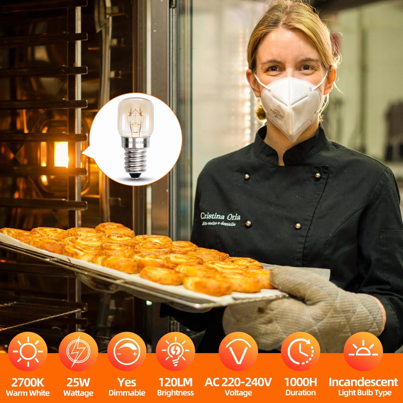 T22 E14 lampa do piekarnika, ciepła biel, 2700 K, do 300 °C, AC 220-240 V, ściemniana, żarówka E14, świeca do piekarnika, kuchenki mikrofalowej, okapu kuchennego, lampa solna, 2 szt