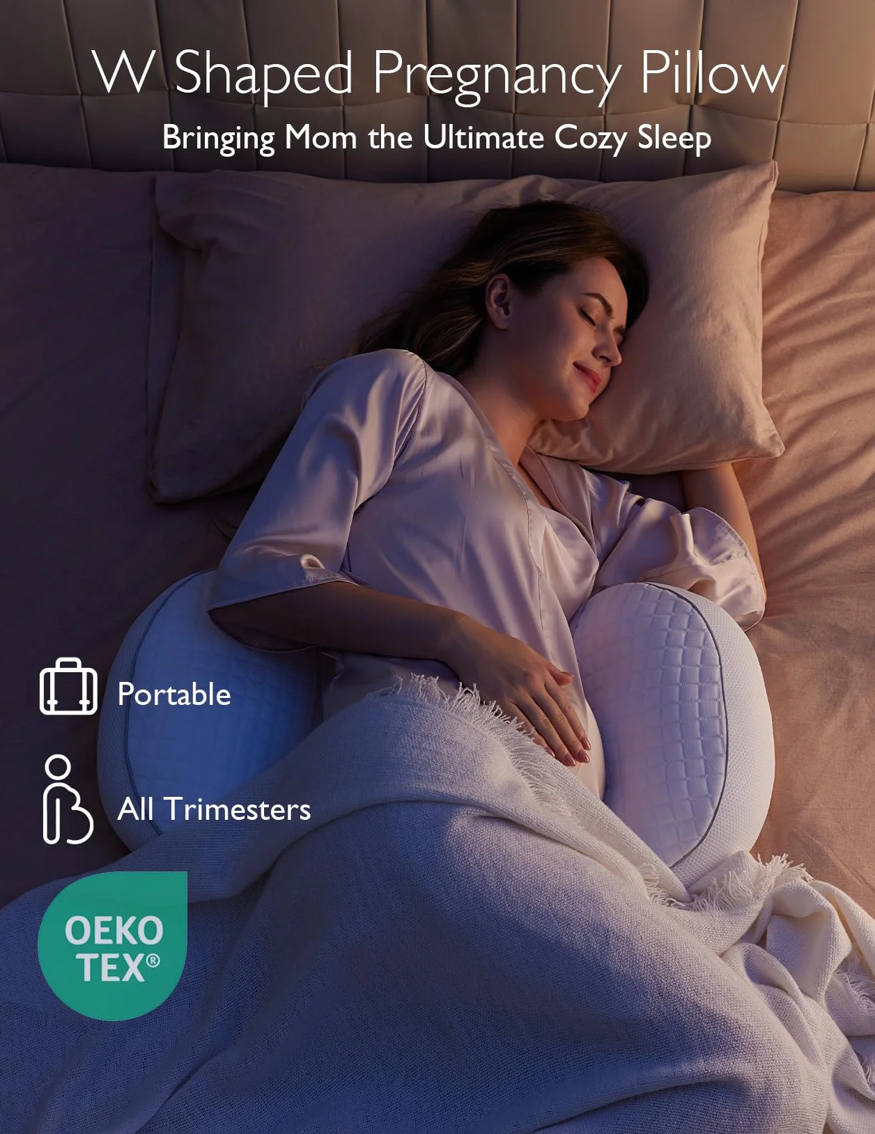 momcozy Poduszka ciążowa w kształcie litery W | Ergonomiczna poduszka do spania na boku dla kobiet w ciąży | regulowana poduszka podróżna z podparciem brzucha, pleców i bioder