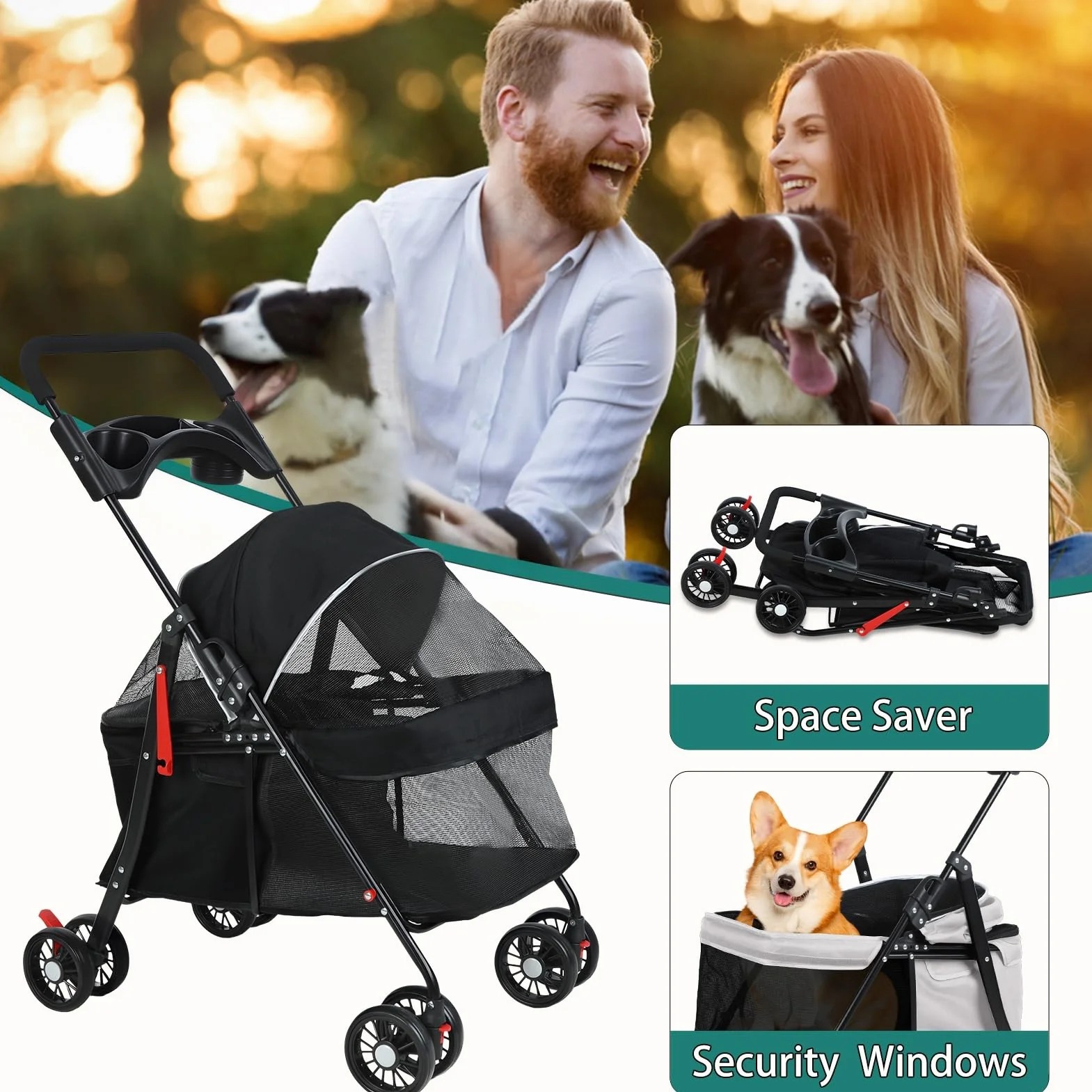 Wózek dla psa i kota, wózek podróżny, wózek dla psa, kota, wózek dziecięcy Jogger Buggy z 4 kółkami, wózek dla zwierząt domowych na kółkach
