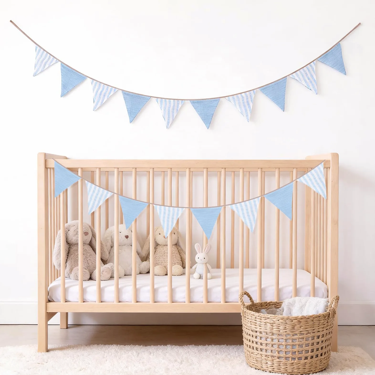 G2PLUS Flagi bawełniane, 2,6 m, jasnoniebieski wieniec z pionowymi paskami, girlanda dwustronna do dekoracji pokoju dziecięcego, baby shower, urodzin, chrztu, majsterkowania